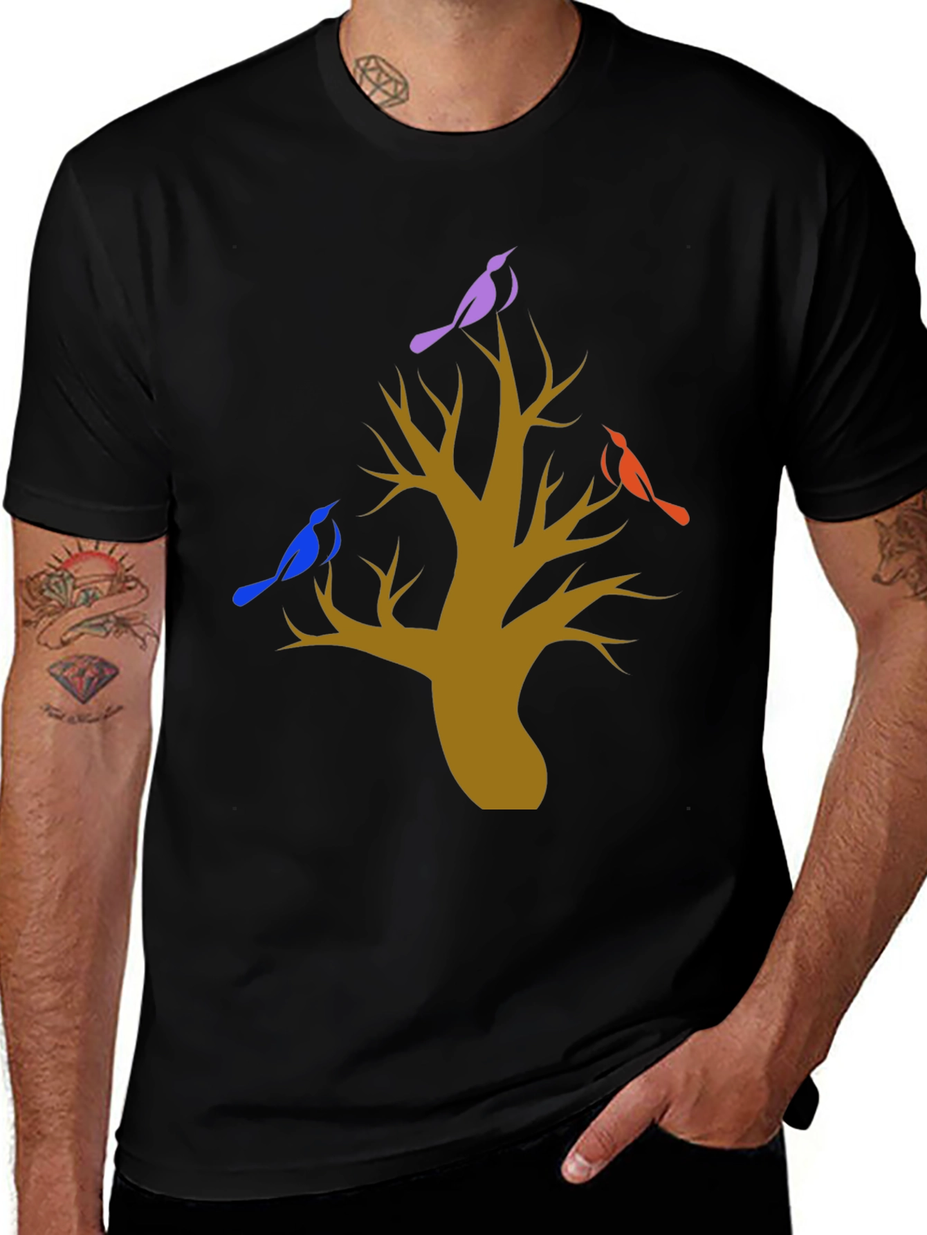 Tree and Birds Graphic Print Black T-Shirt