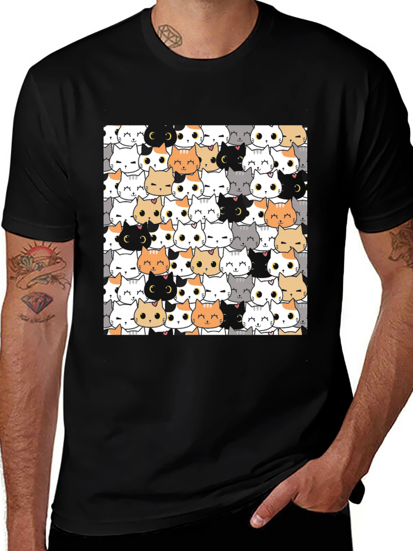 Variant 15 of Cute Cartoon Cat Print Black T-Shirt