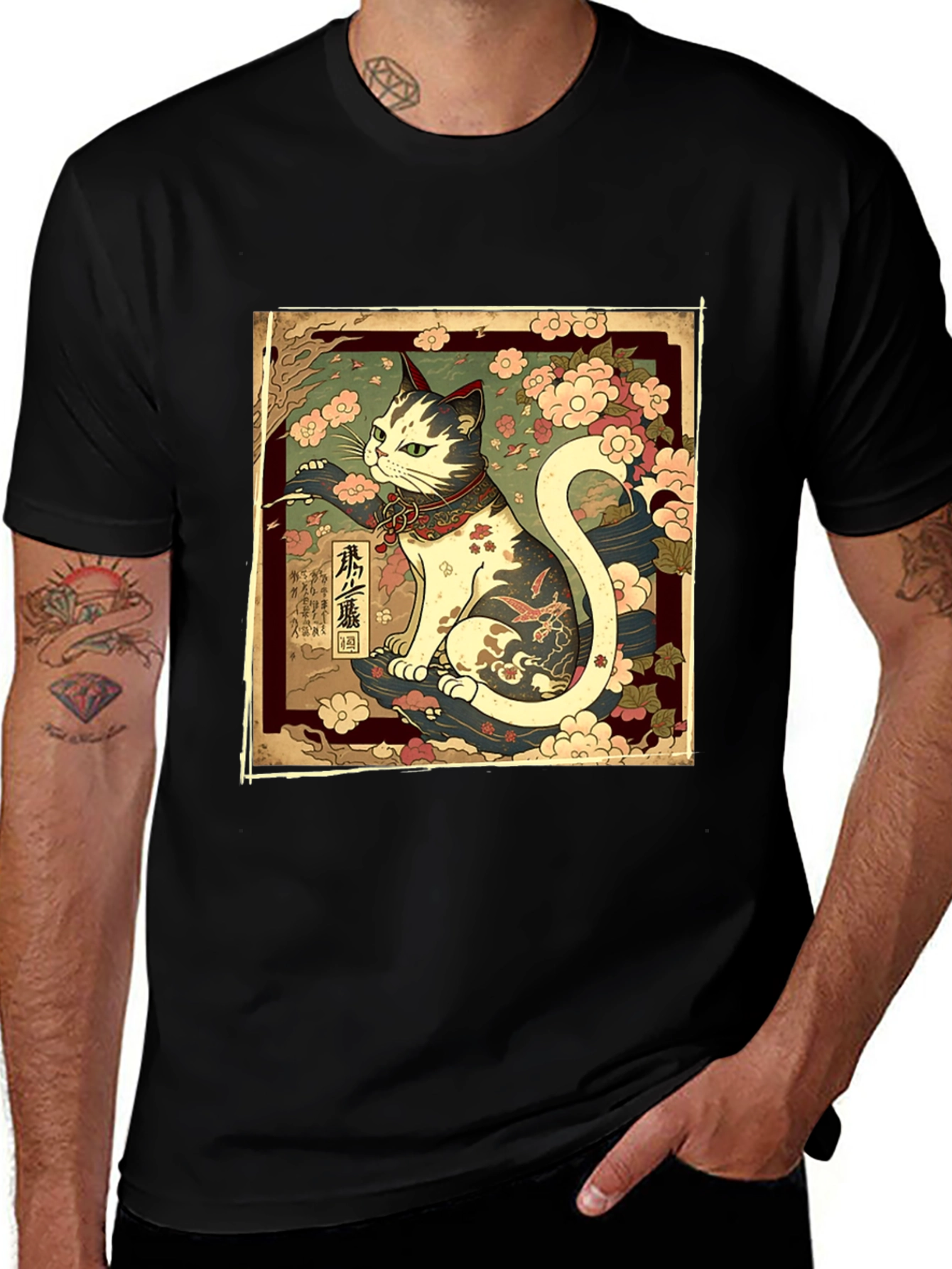 Variant 7 of Japanese Cat Graphic Tee - Stylish Black T-Shirt
