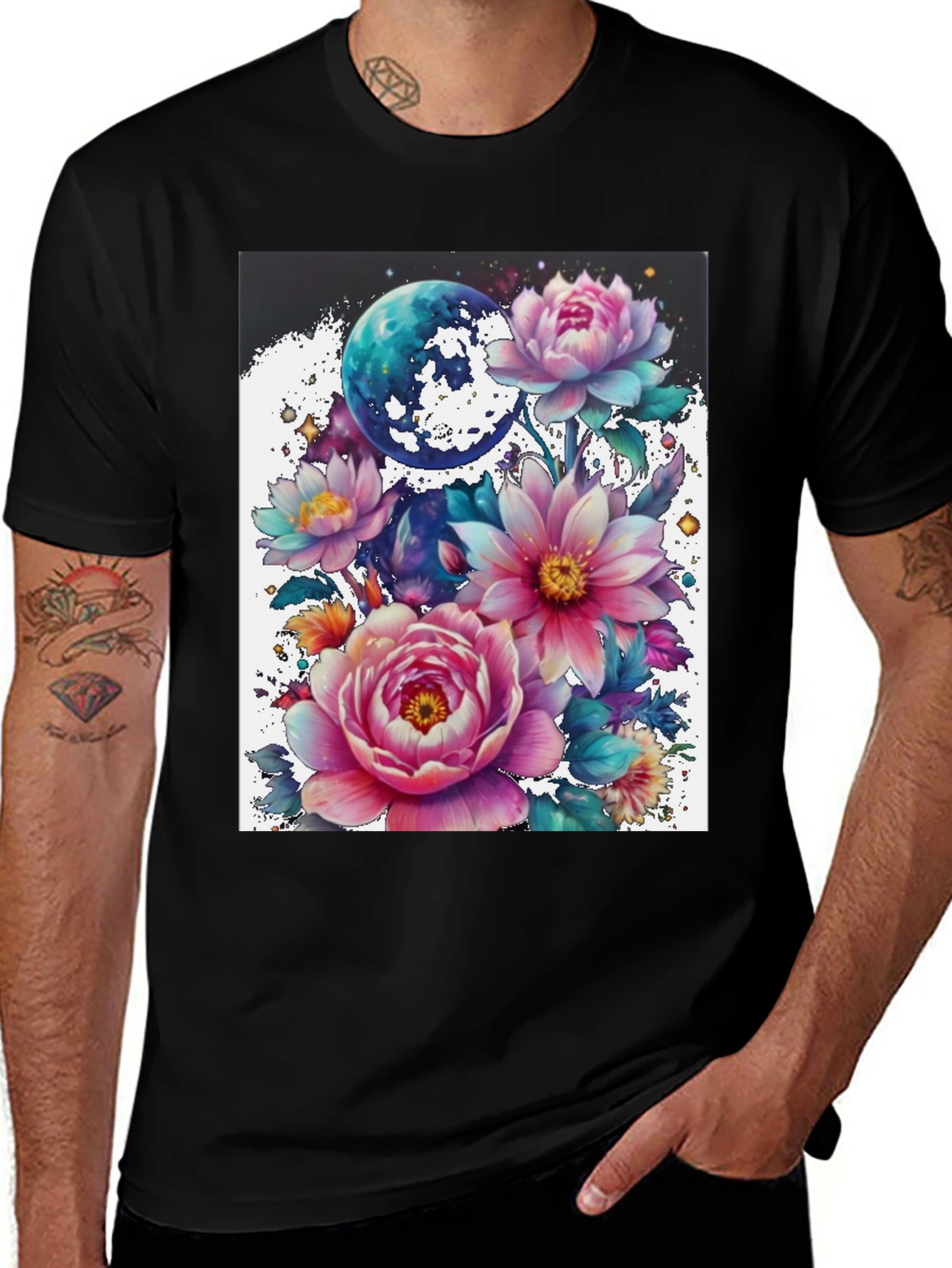 Variant 23 of Floral Moon Graphic T-Shirt - Stylish Black Tee
