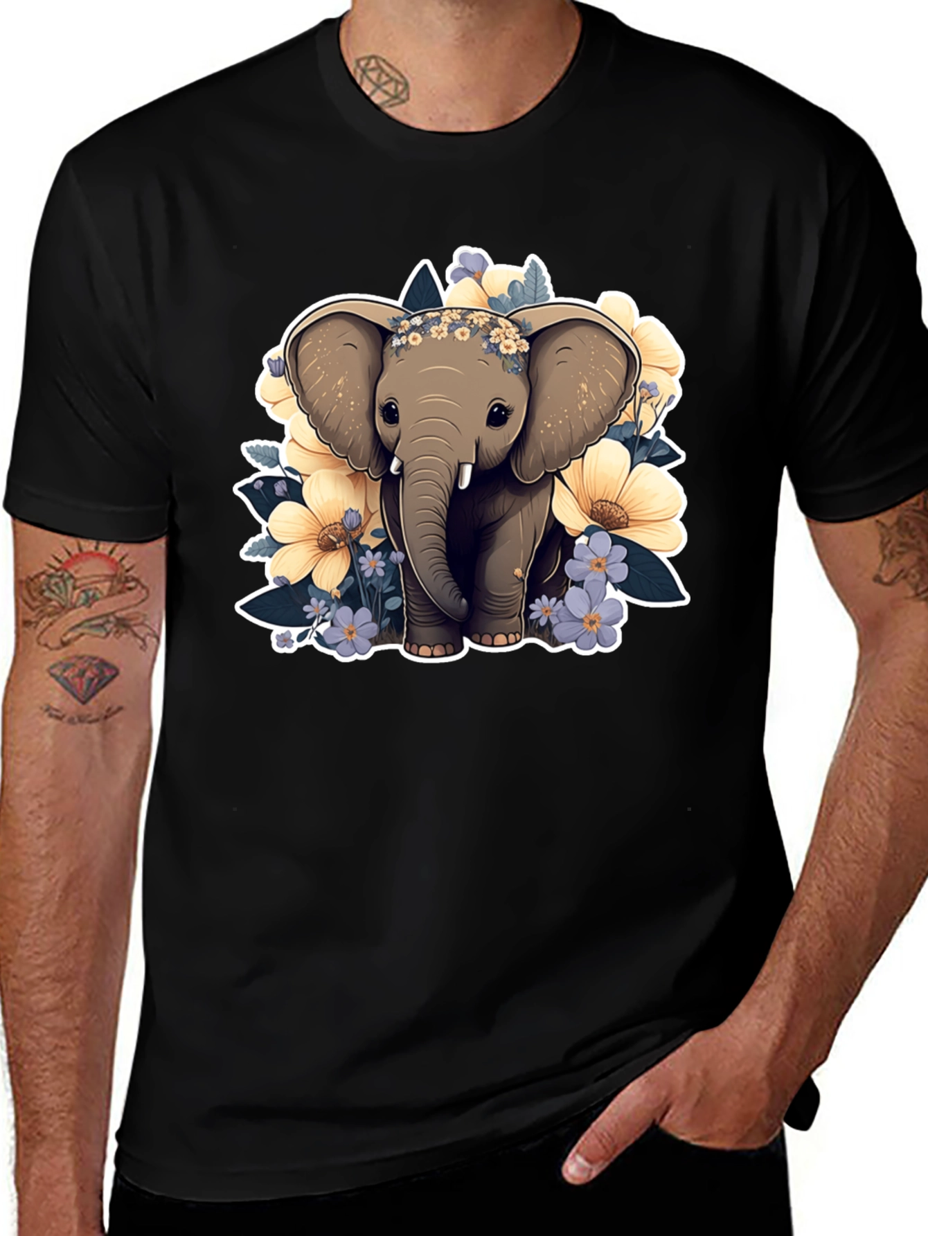 Variant 22 of Cute Elephant & Flowers Graphic Tee - Stylish Comfort