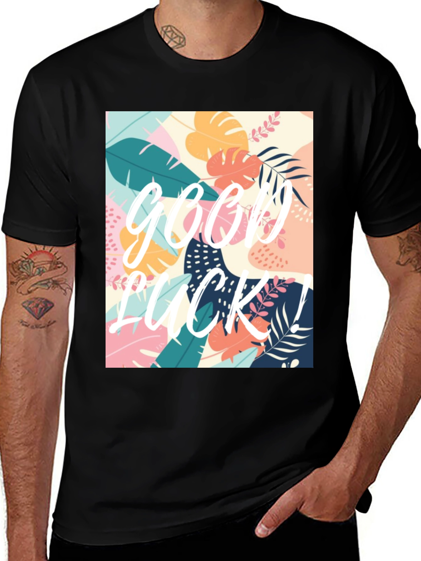 Good Luck Tropical Graphic Tee - Black Casual T-Shirt