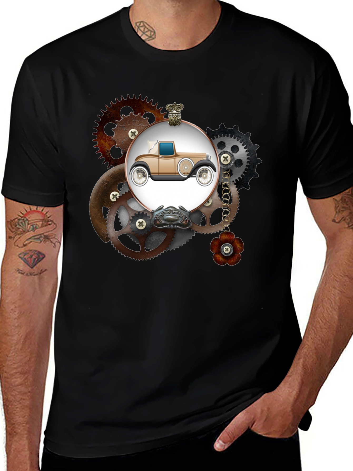 Steampunk Car & Gears Graphic T-Shirt