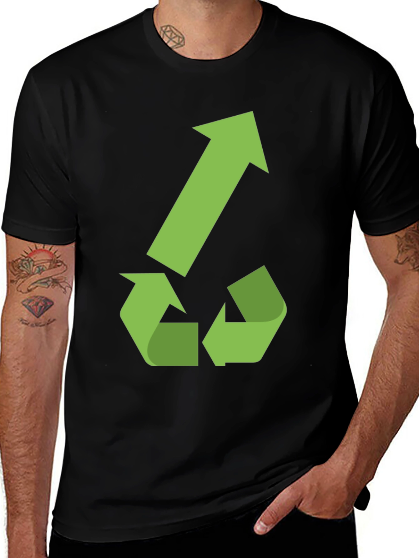 Variant 28 of Eco-Friendly Black T-Shirt with Green Recycle Arrow Design