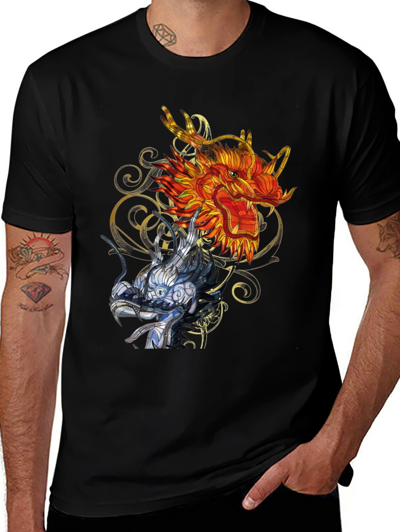 Variant 9 of Dragon Duo Graphic Tee - Men's Black T-Shirt