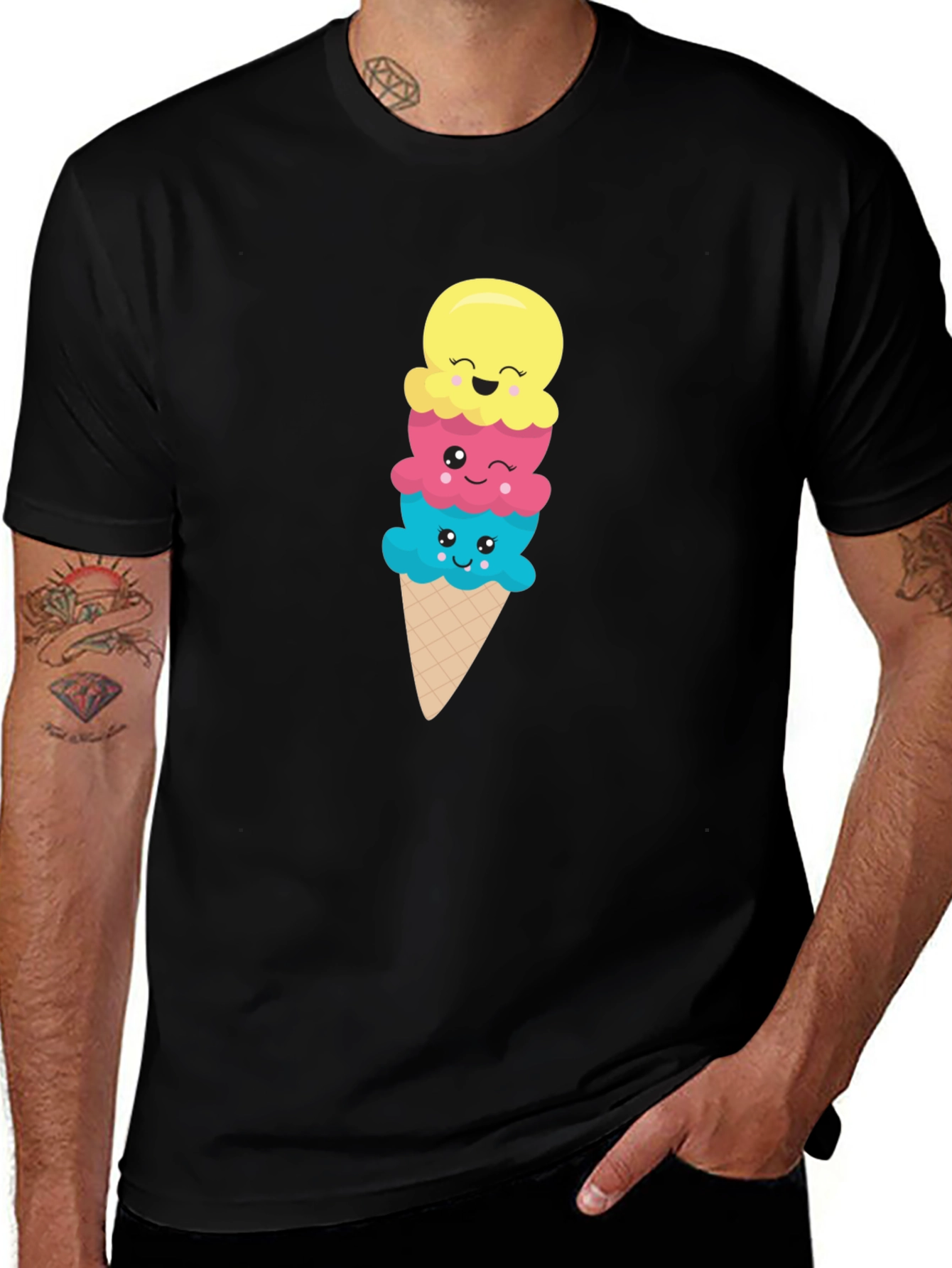 Cute Cartoon Ice Cream Cone Graphic Tee - Black