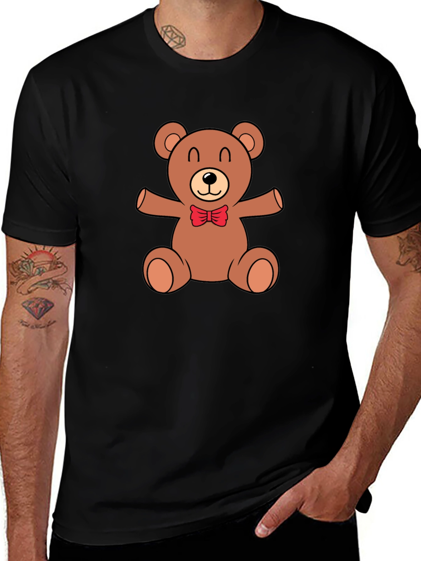 Variant 9 of Cute Teddy Bear Graphic Tee - Black Cotton T-Shirt