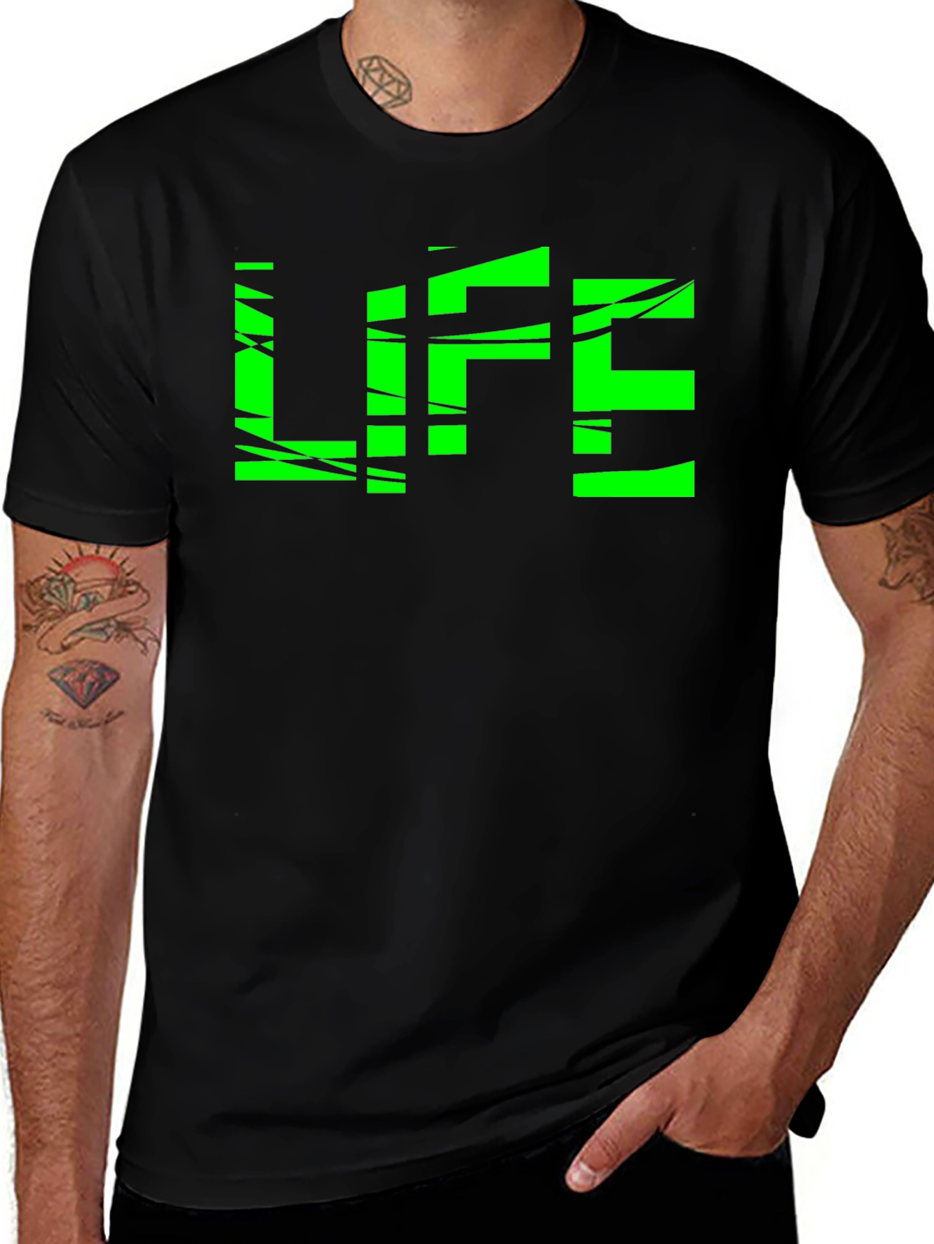 Variant 27 of Green "LIFE" Graphic Black T-Shirt