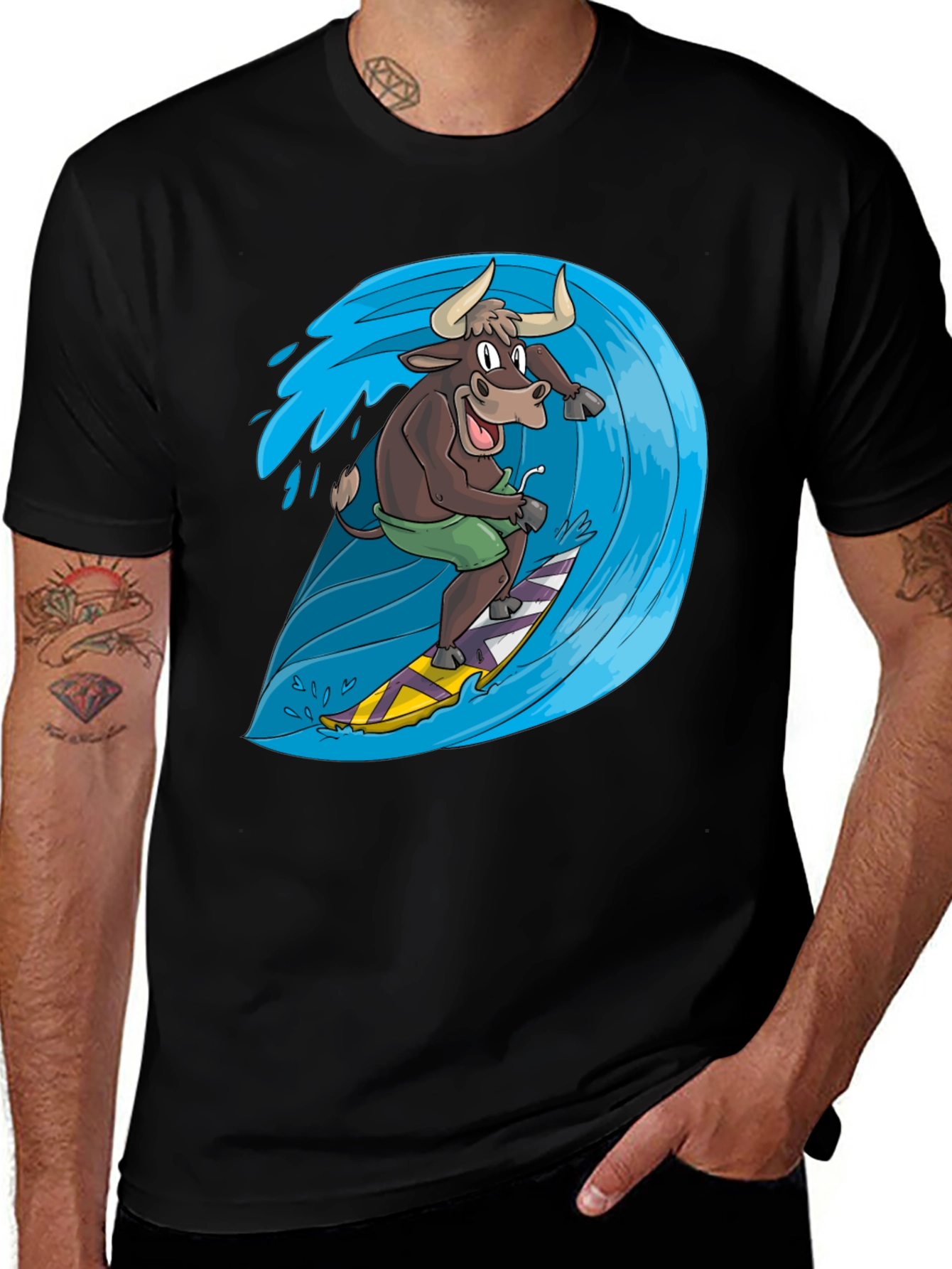 Variant 9 of Surfing Bull Graphic T-Shirt - Cool Animal Tee