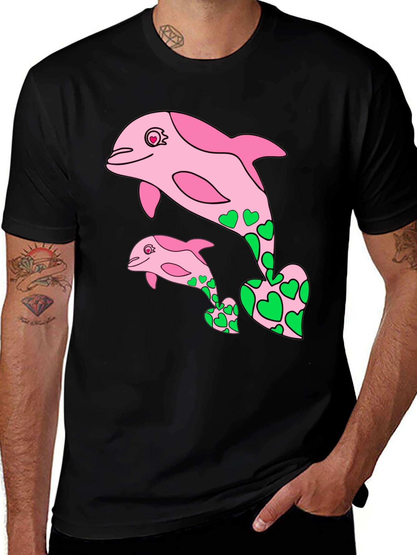 Dolphin Heart Print Black T-Shirt