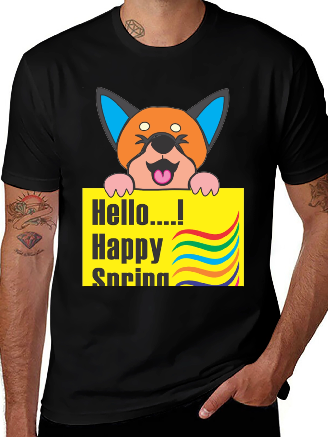 Happy Spring Dog Graphic Tee - Black Cotton T-Shirt