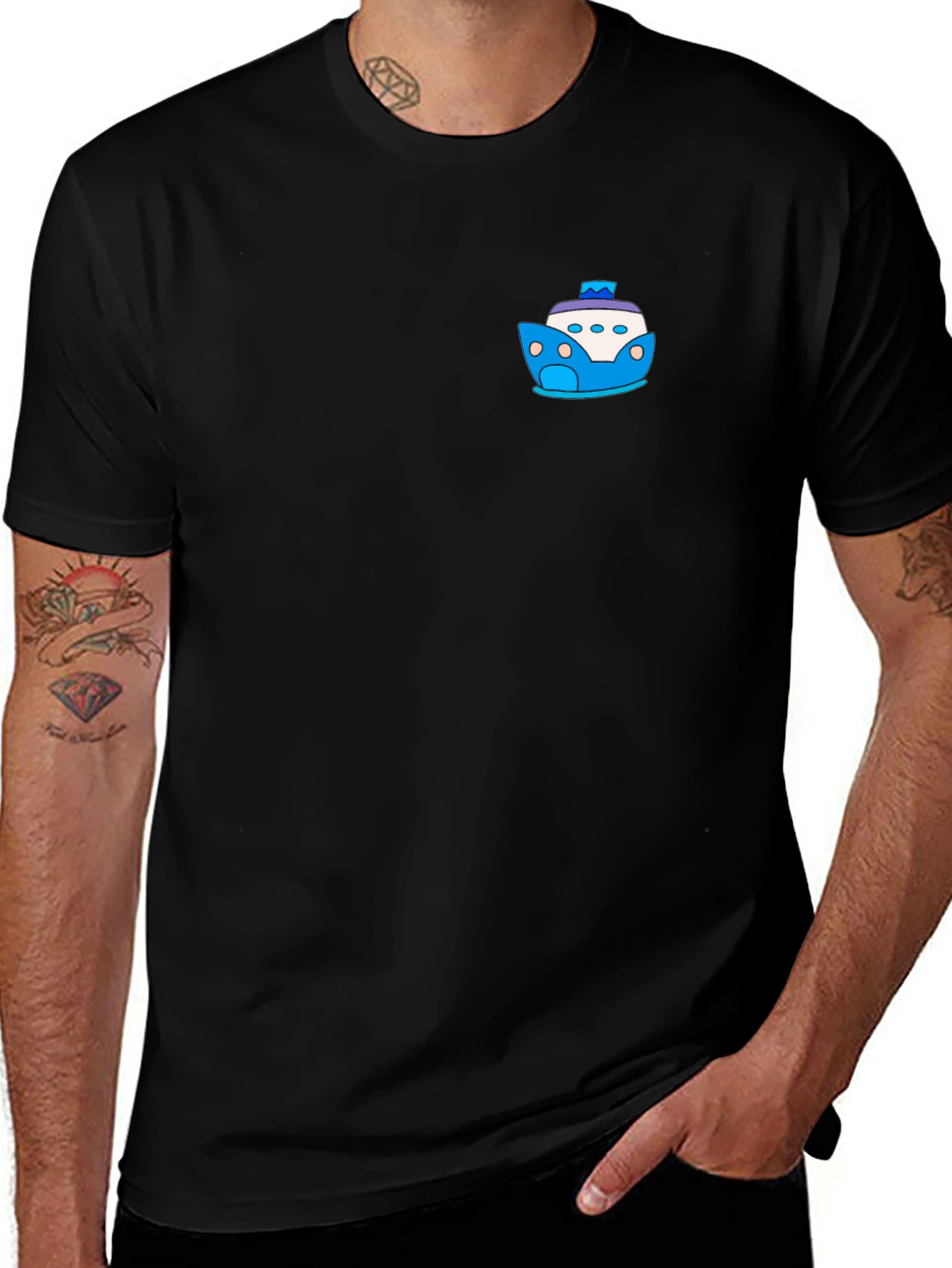 Variant 28 of Black T-Shirt with Cartoon Boat Graphic