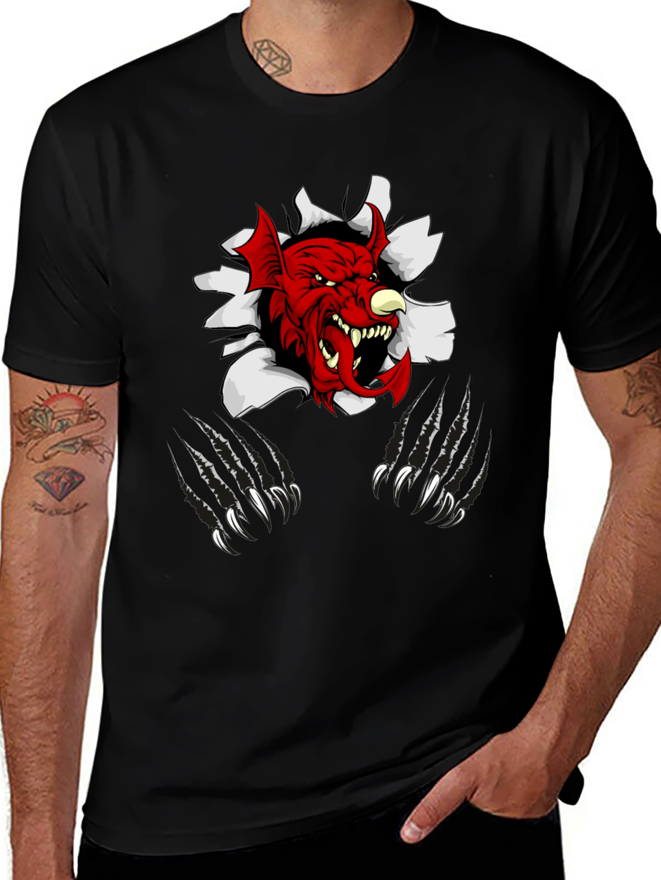 Variant 16 of Men's Black Graphic Tee - Red Devil Claw Design