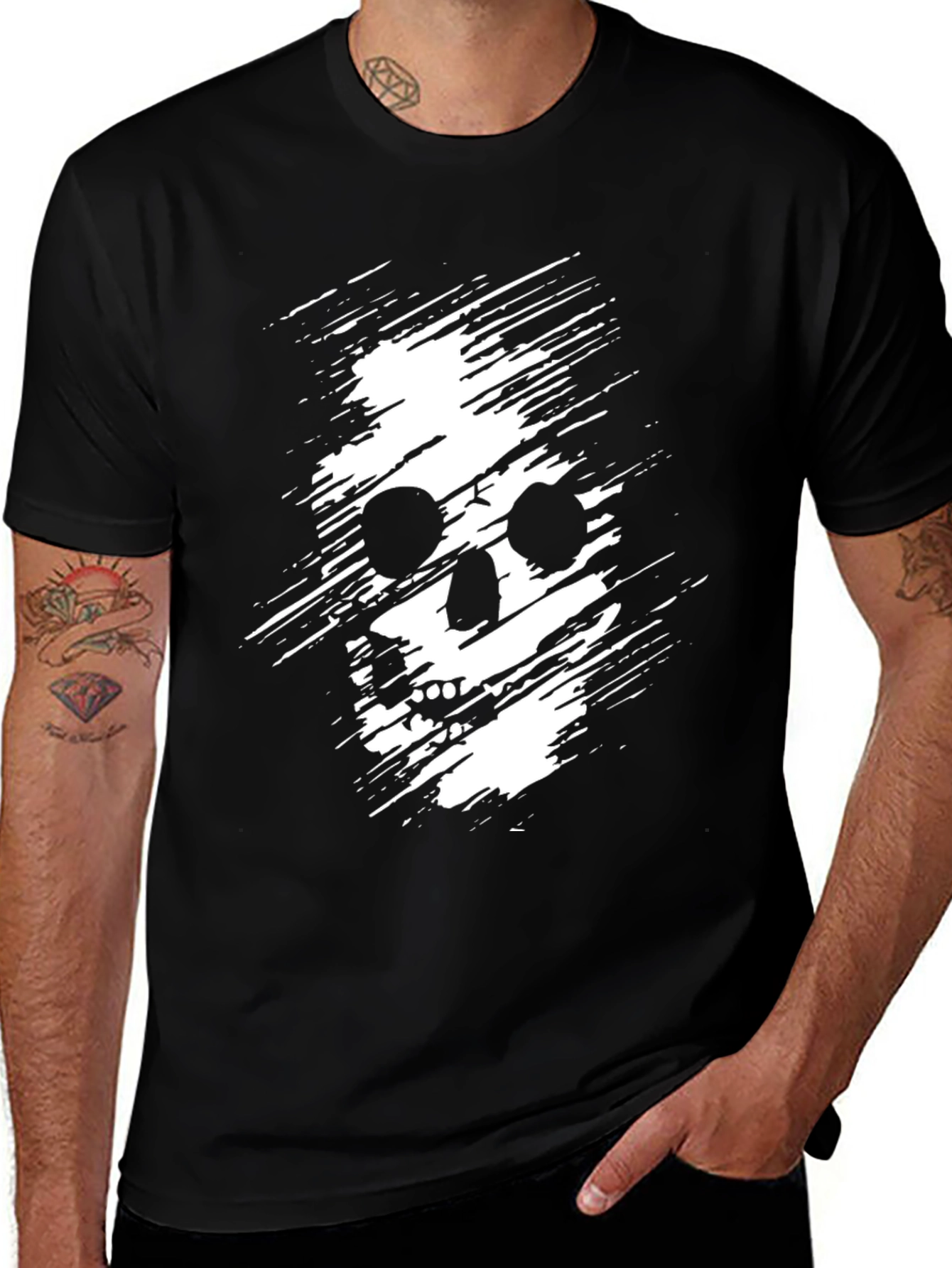 Variant 27 of Men's Black T-Shirt with Distressed Skull Graphic