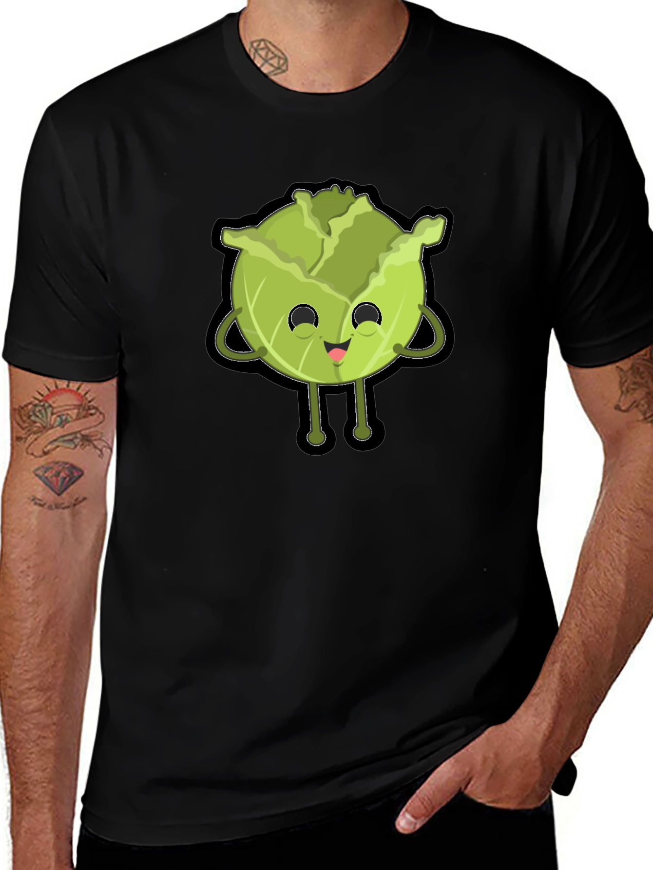 Variant 22 of Cute Cabbage Character Graphic Tee - Black Cotton T-Shirt