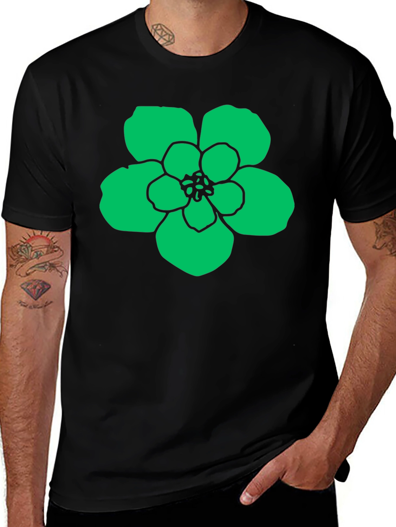 Variant 13 of Green Flower Graphic Black T-Shirt