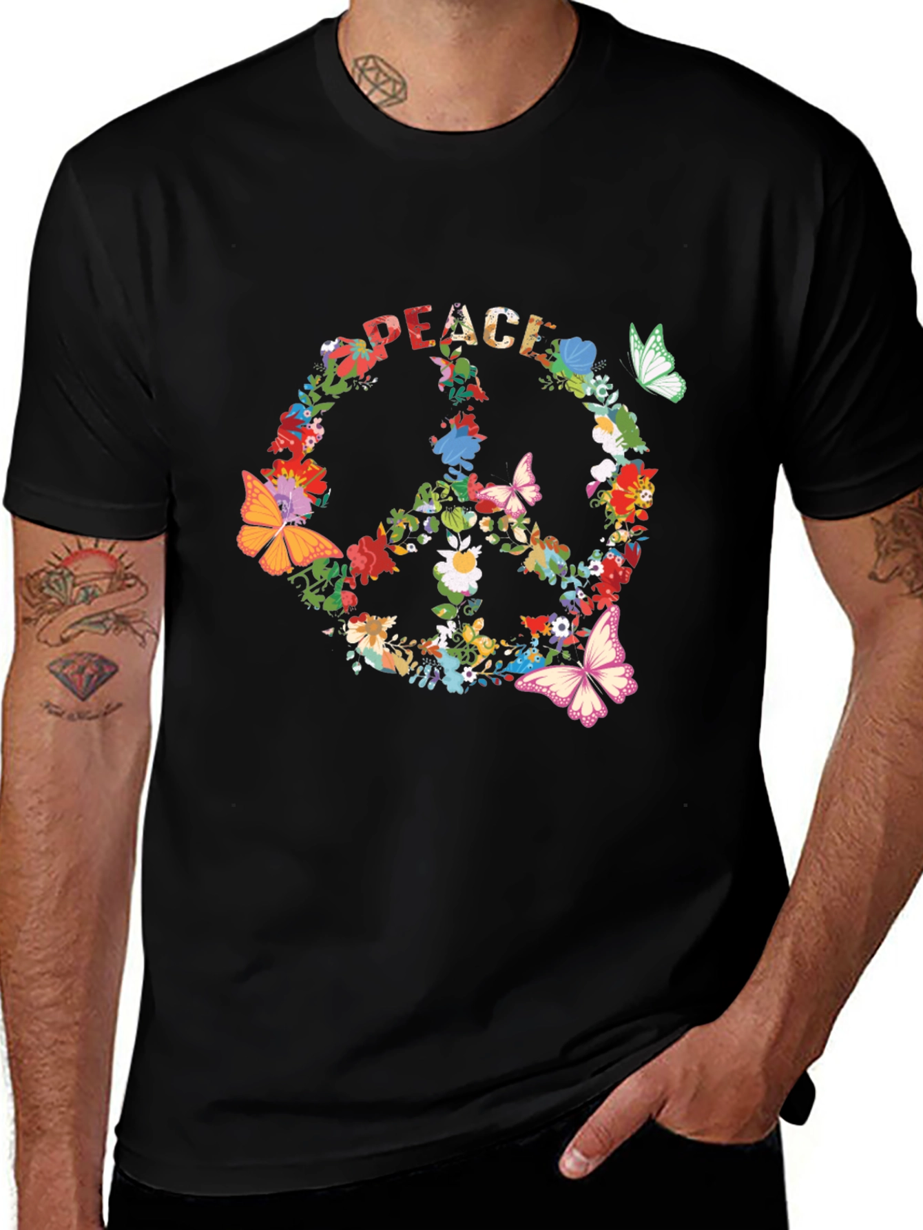 Variant 19 of Floral Peace Sign T-Shirt - Retro Hippie Style