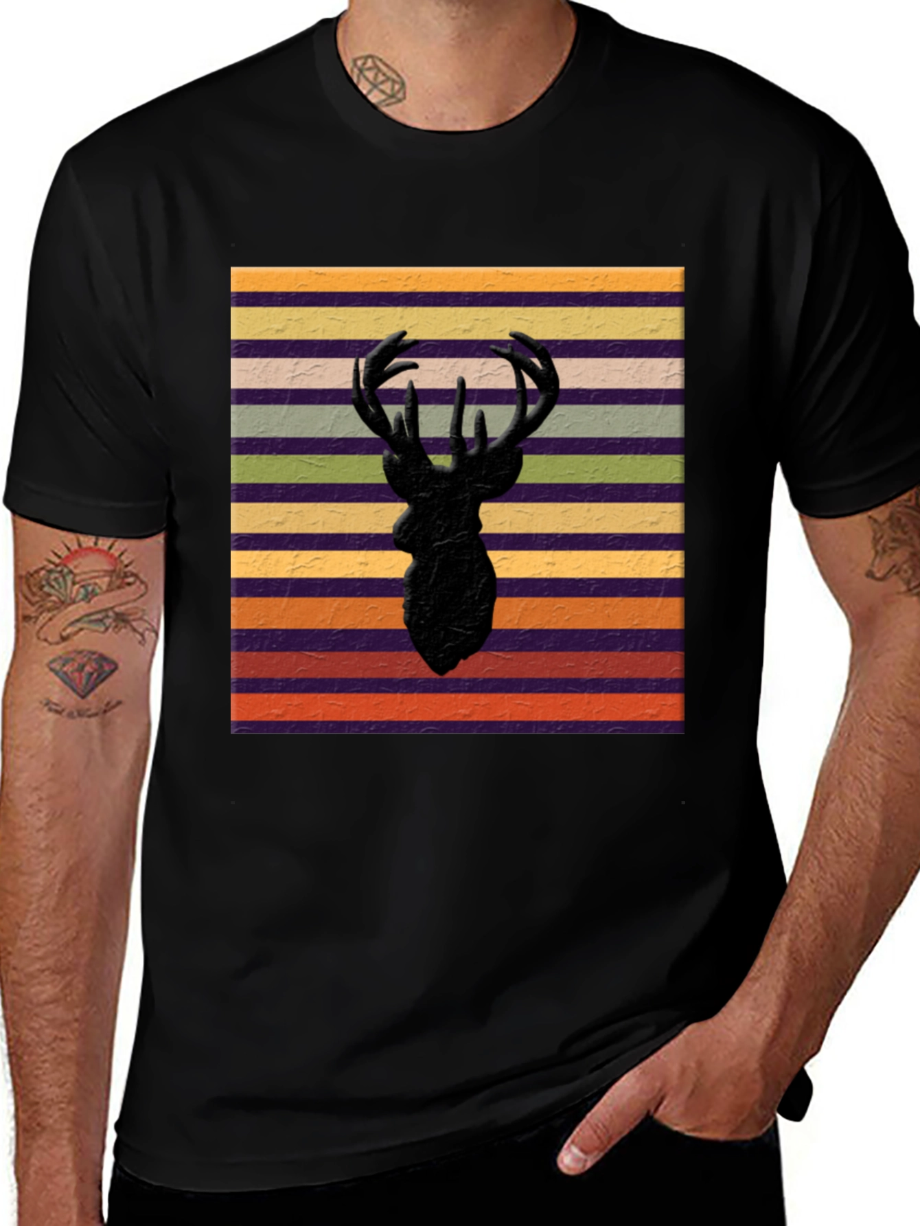 Variant 20 of Striped Deer Graphic Tee - Men's Black T-Shirt