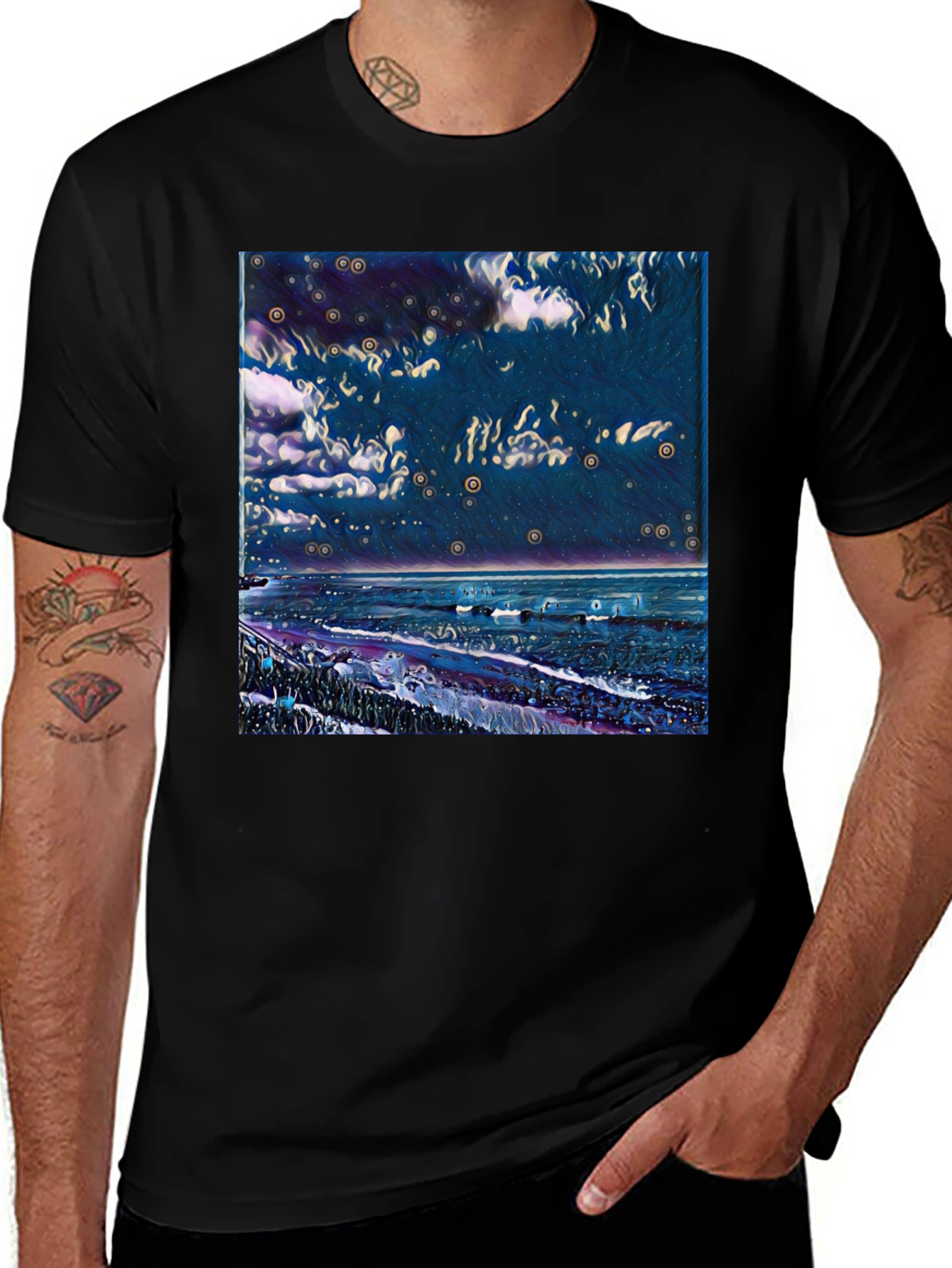 Variant 8 of Night Sky Beach Print Tee - Stylish Men's Black T-Shirt