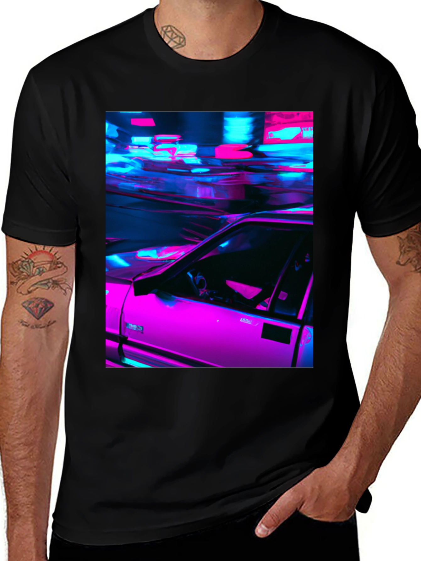 Variant 6 of Neon Car Graphic Tee - Retro Style Black T-Shirt