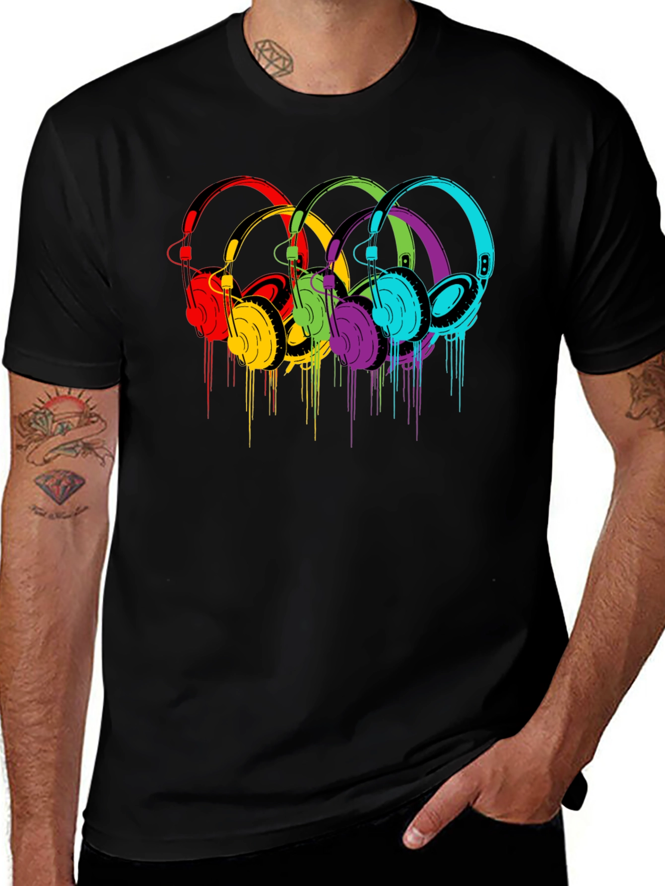 Variant 14 of Colorful Headphones Graphic Black T-Shirt
