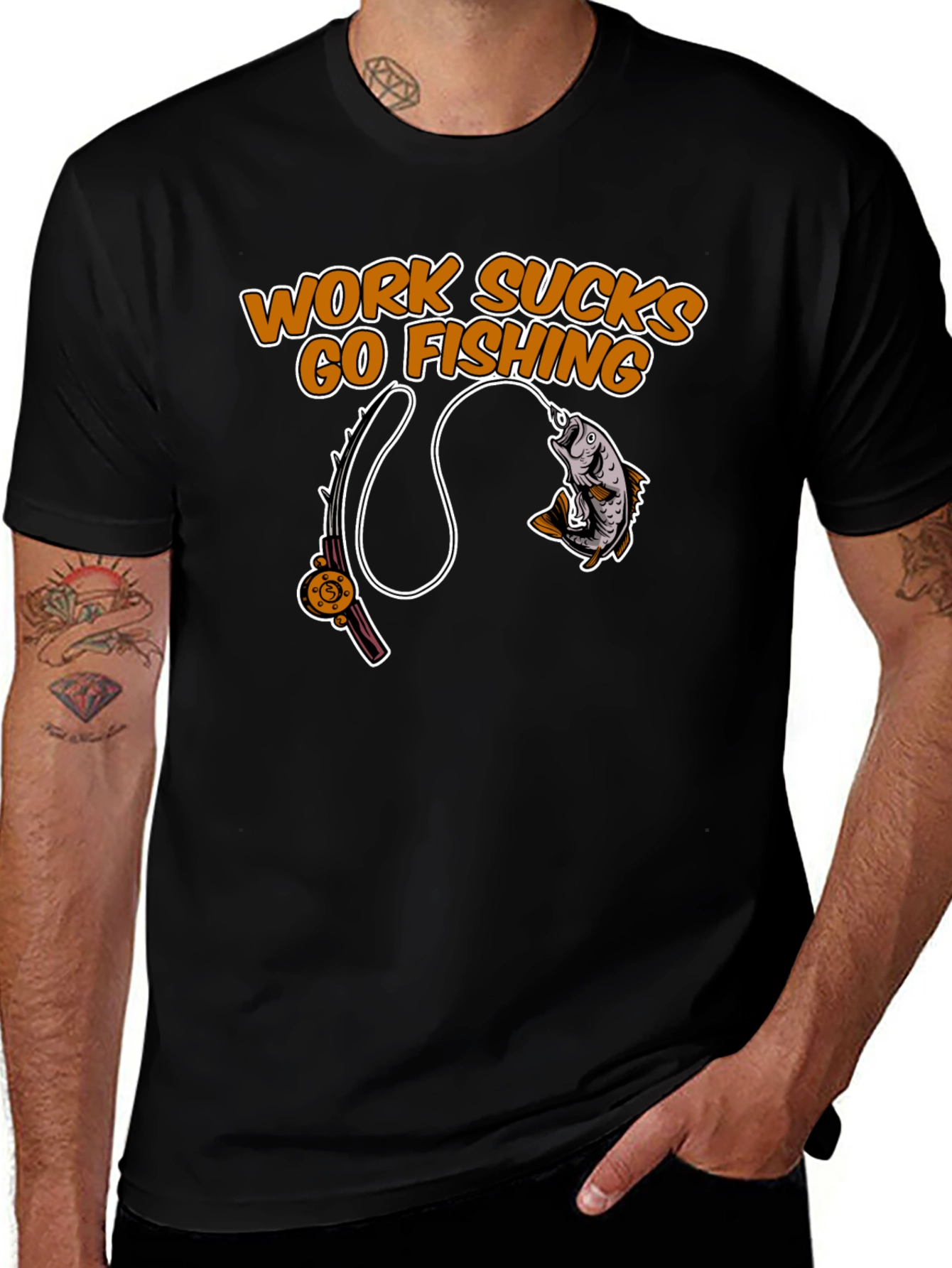 Variant 2 of Work Sucks Go Fishing Black T-Shirt
