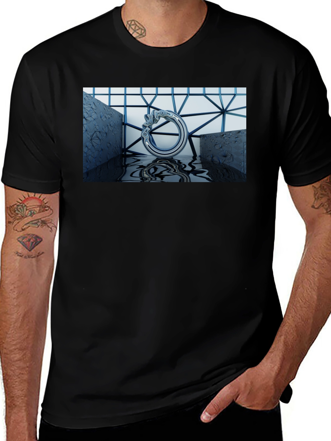 Variant 27 of Abstract Silver Ring Design Black T-Shirt