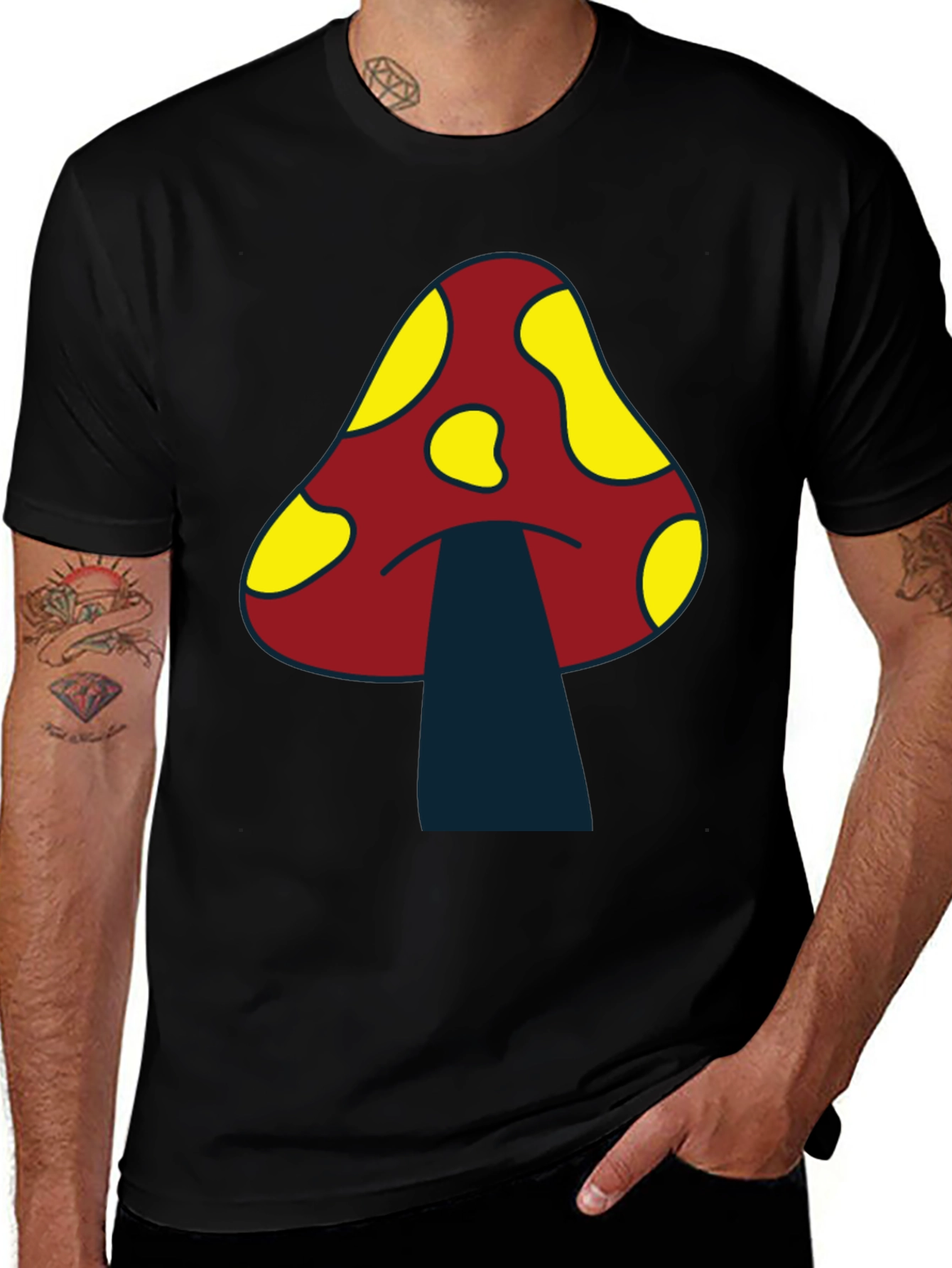 Variant 3 of Funky Mushroom Graphic Tee - Black Cotton T-Shirt