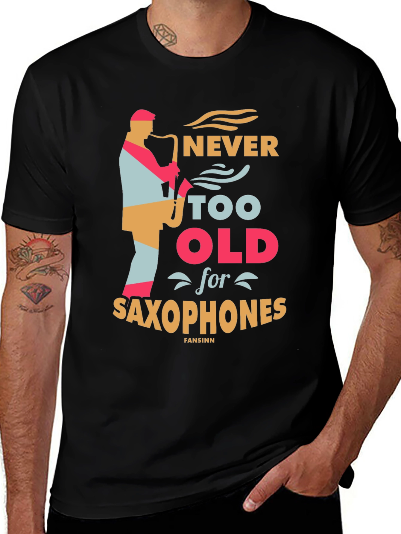 Variant 20 of Never Too Old for Saxophones Black Graphic Tee