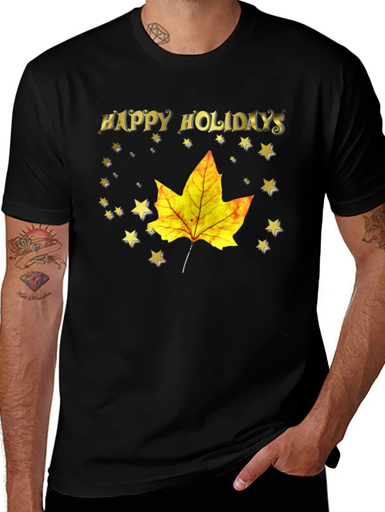 Variant 25 of Happy Holidays Leaf & Stars Black T-Shirt