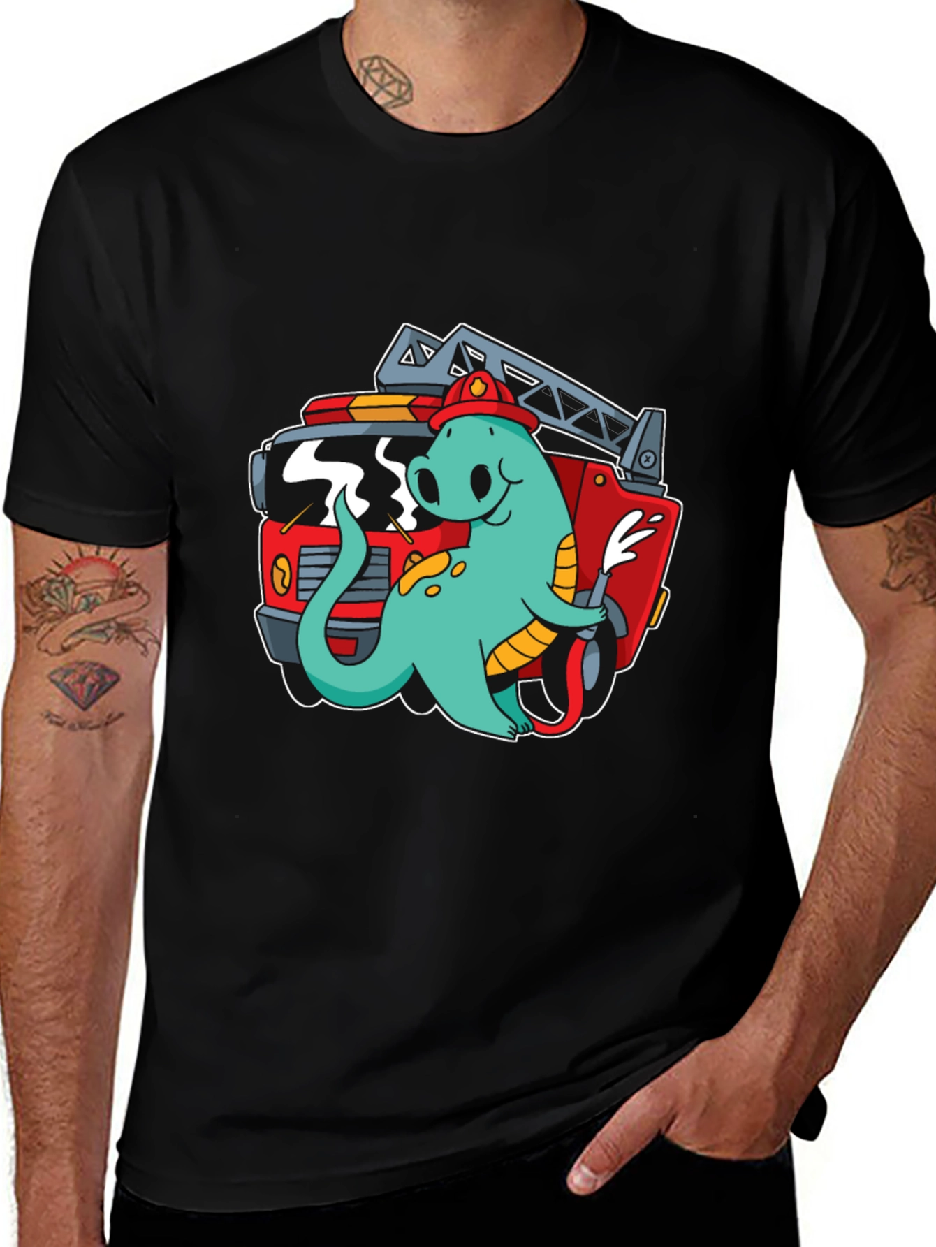 Variant 9 of Firefighter Dino T-Shirt - Quirky Cartoon Design