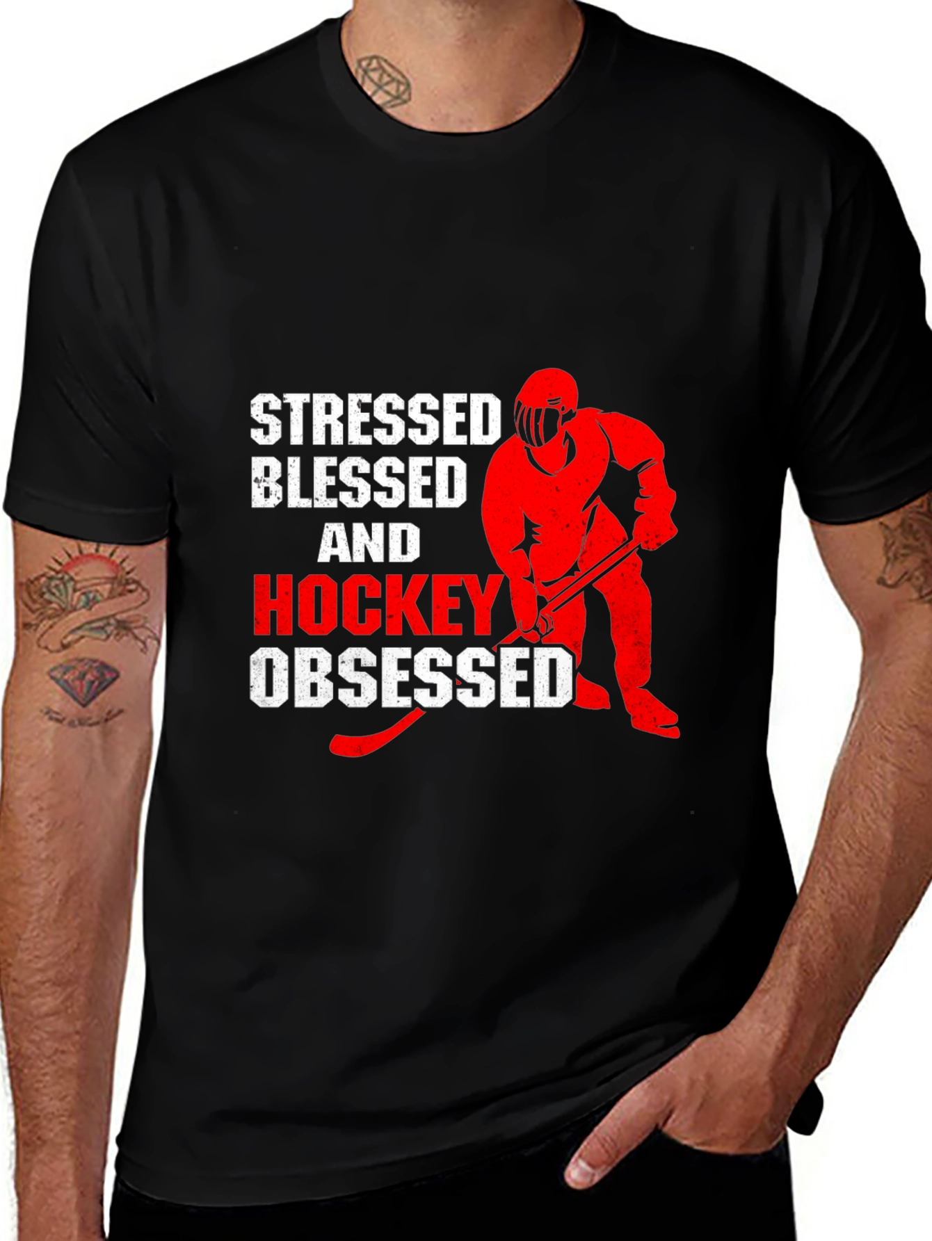 Variant 24 of Stressed Blessed & Hockey Obsessed Black T-Shirt