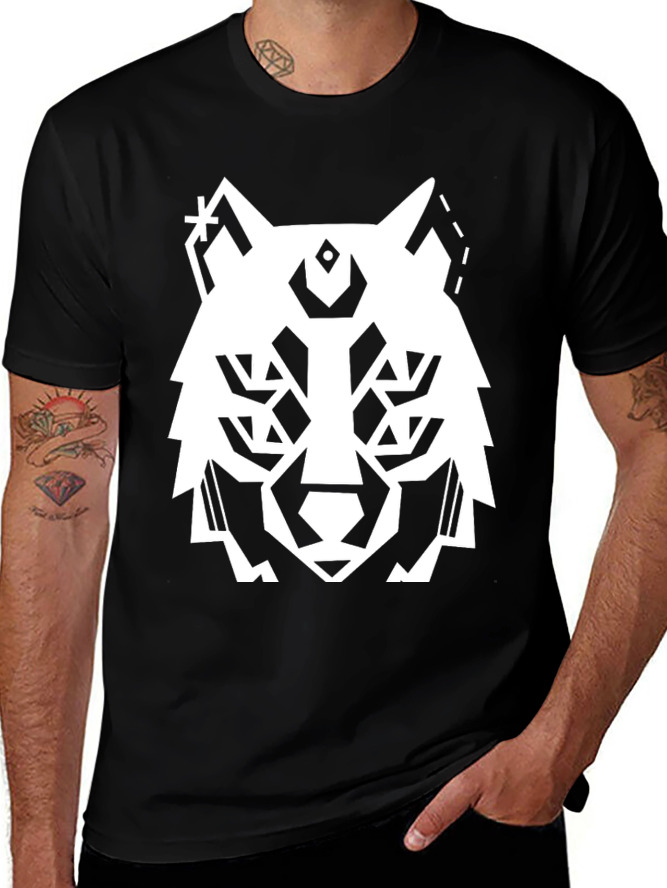 Variant 12 of Geometric Wolf Graphic Black T-Shirt