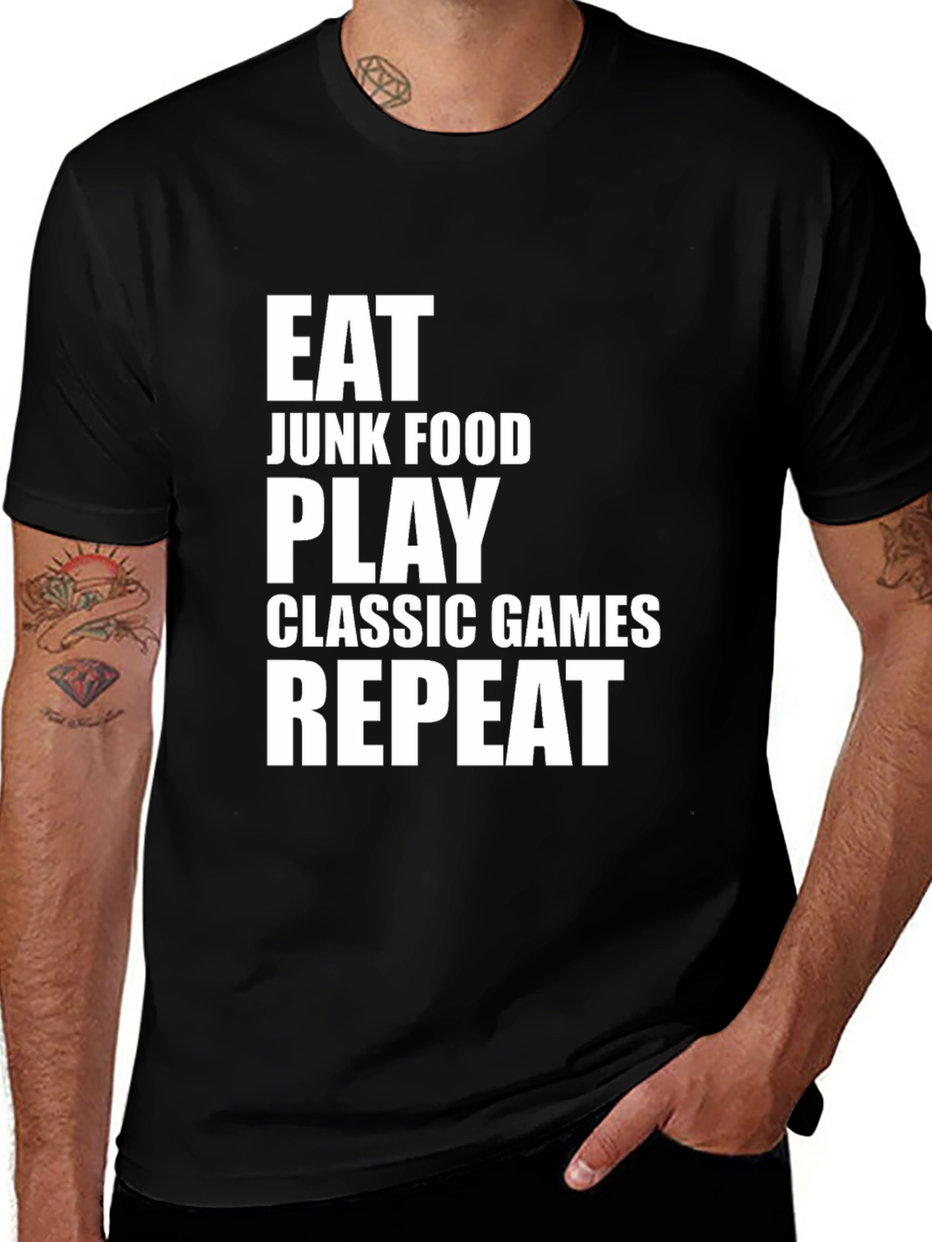 Eat Junk Food Play Classic Games Repeat Black T-Shirt