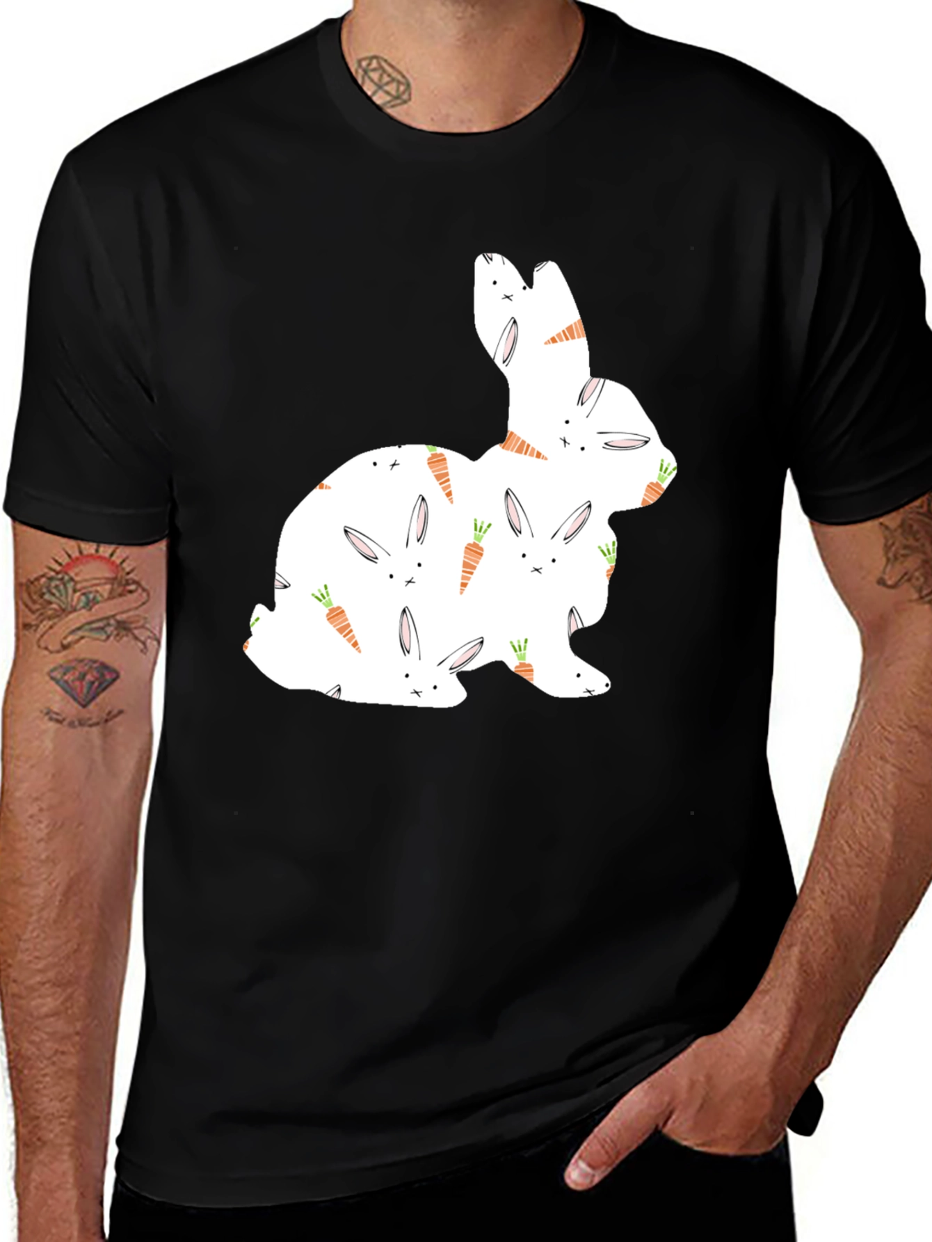 Variant 4 of Bunny & Carrot Pattern Black T-Shirt