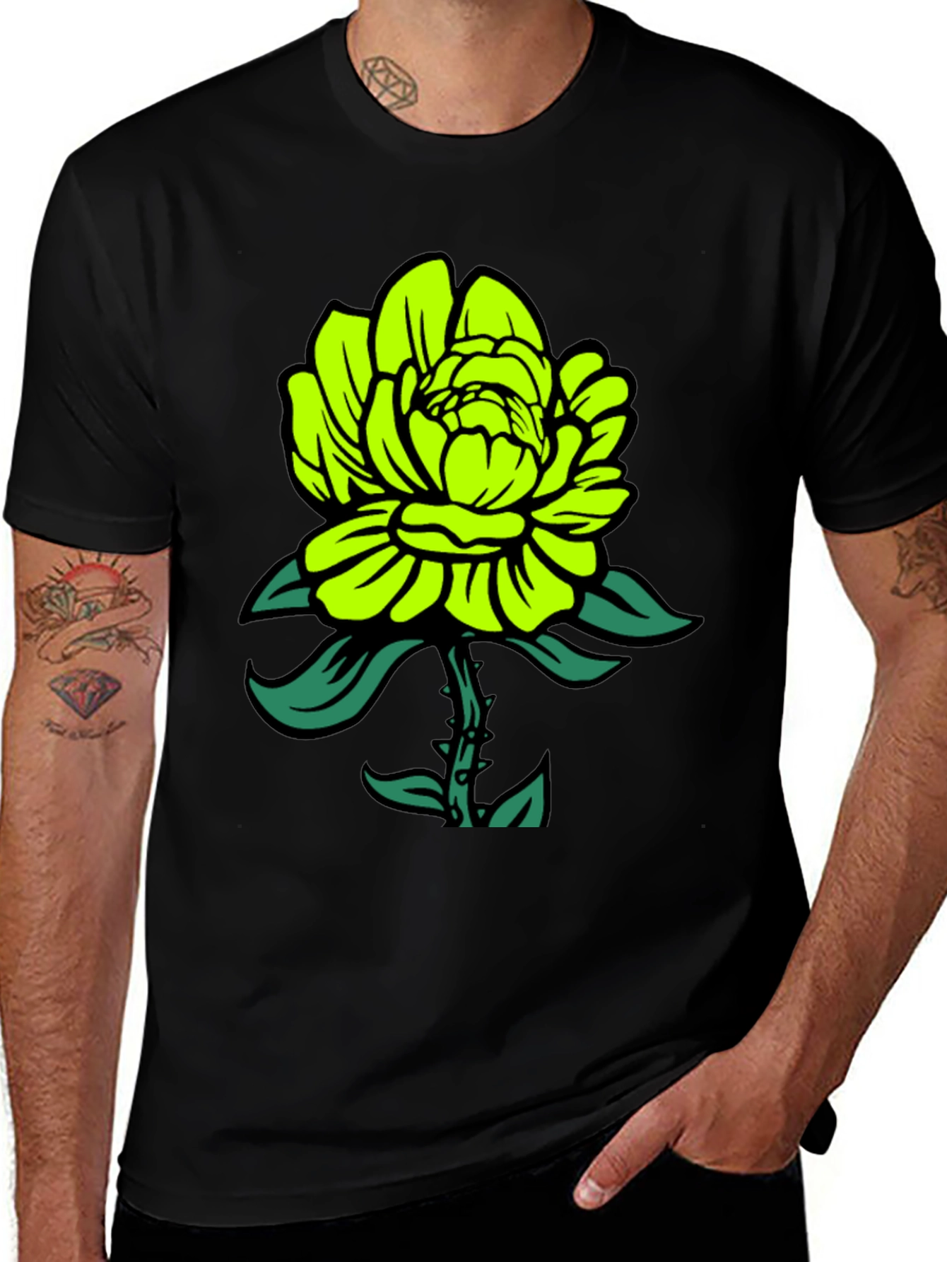 Variant 13 of Neon Green Flower Graphic Black T-Shirt
