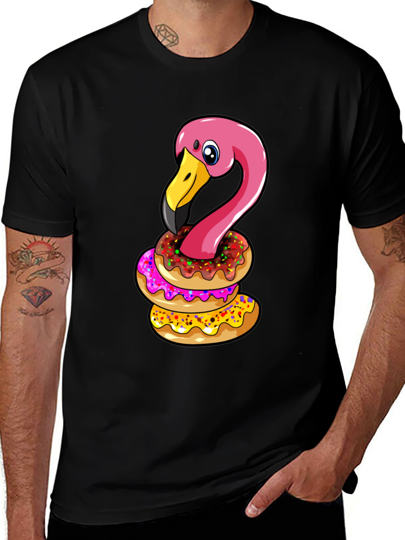 Variant 18 of Flamingo Donut Stack T-Shirt - Funny Bird Graphic Tee