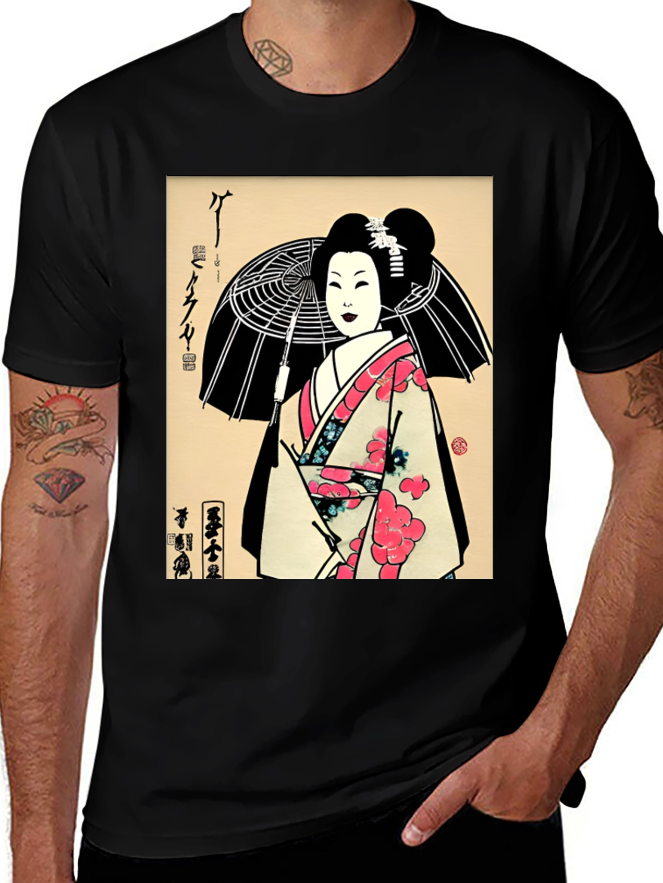 Geisha Art Graphic Print Black T-Shirt