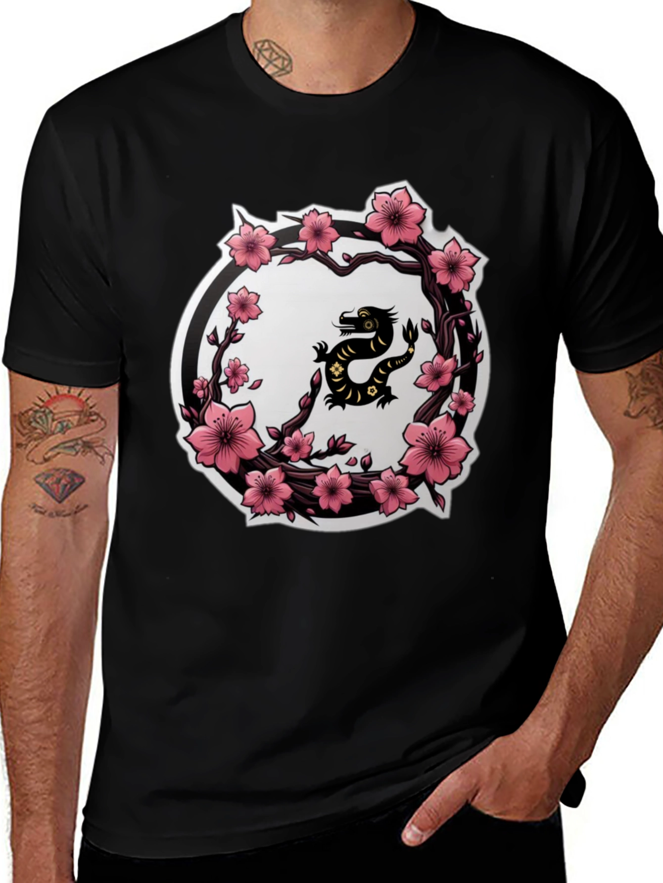 Variant 4 of Cherry Blossom Dragon T-Shirt - Black