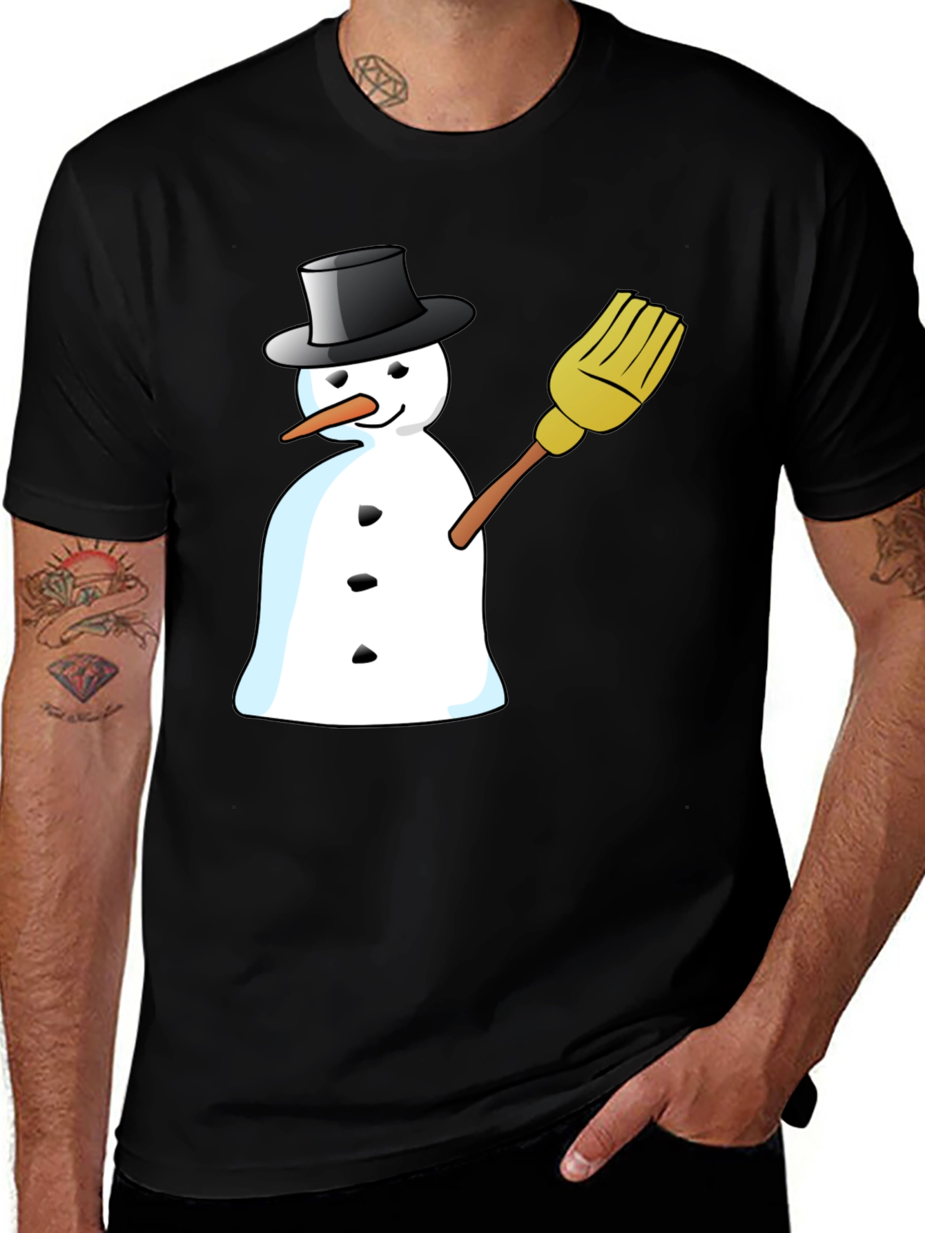Variant 6 of Snowman With Broom Graphic Tee - Black Cotton Blend Shirt