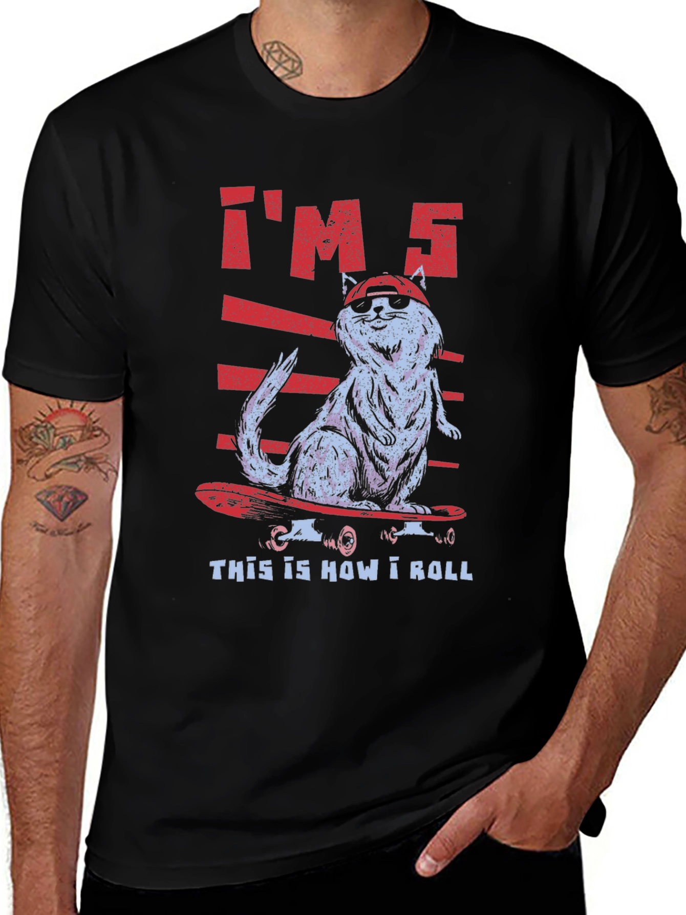 Variant 4 of I'm 5 This Is How I Roll Cat Skateboarder Black T-Shirt