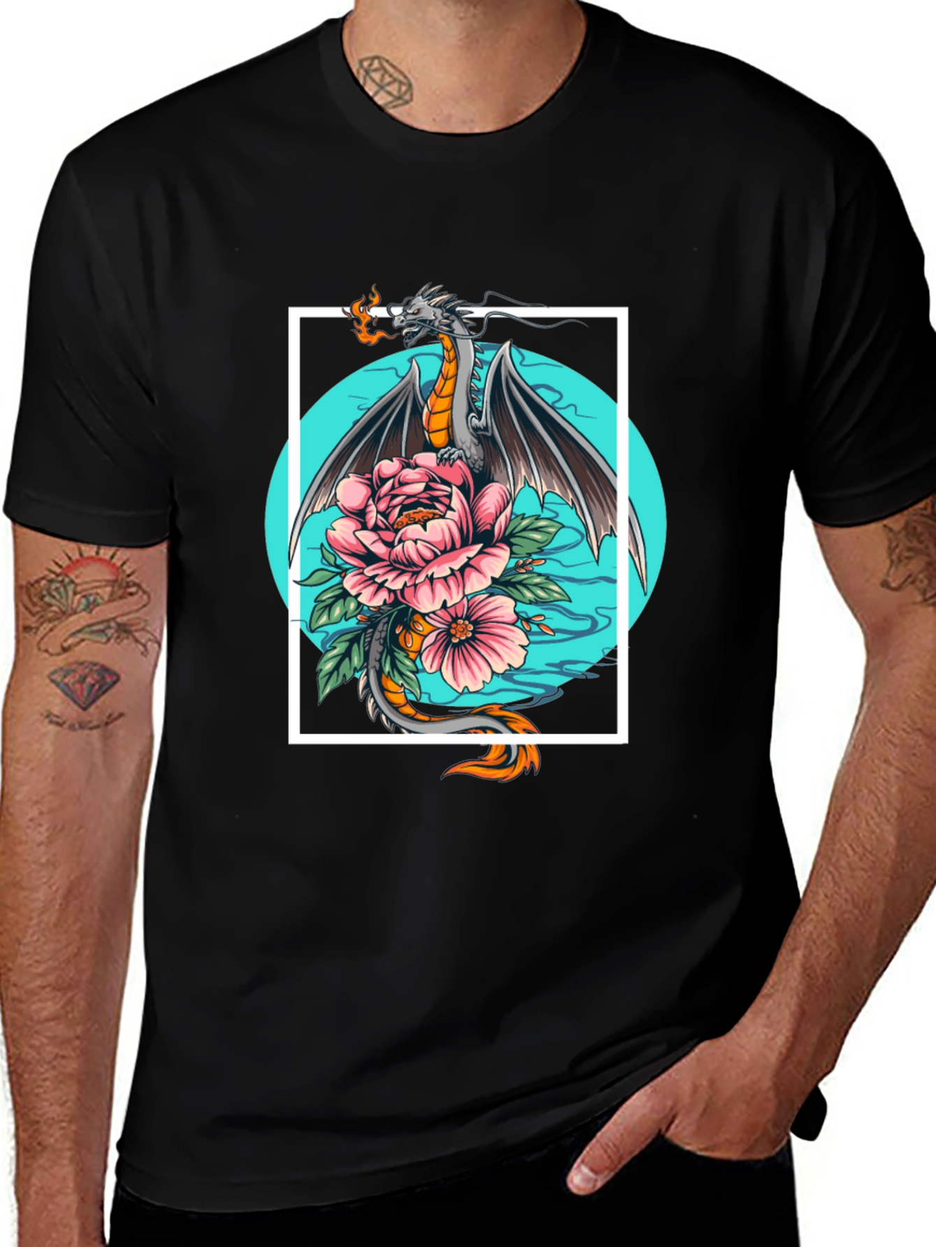 Black Dragon & Floral Graphic Tee main image