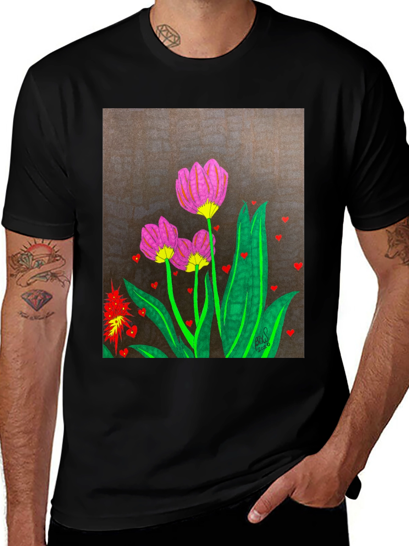 Floral Heart Art Black T-Shirt