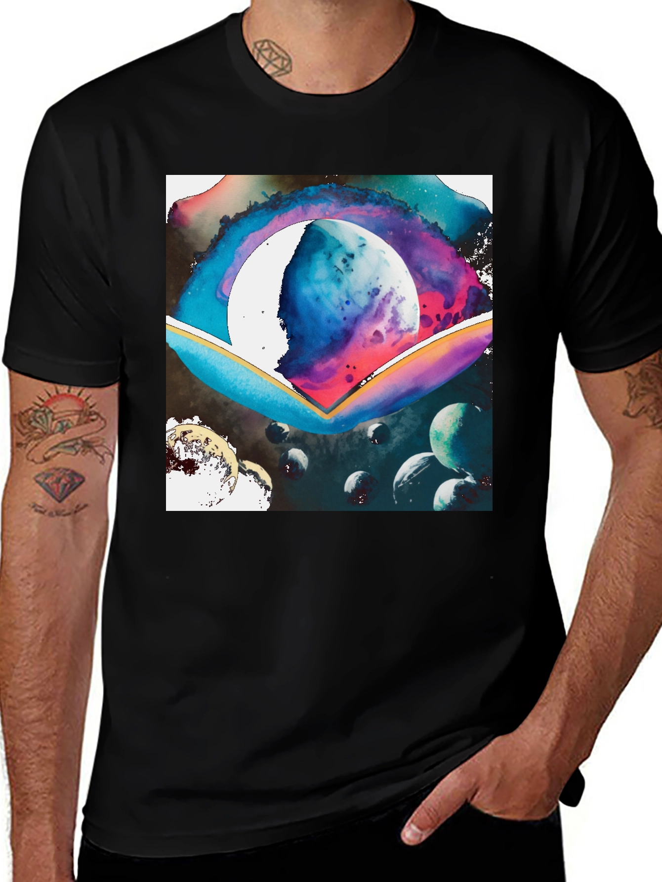 Variant 4 of Galaxy Watercolor Graphic Tee - Black Cotton Blend
