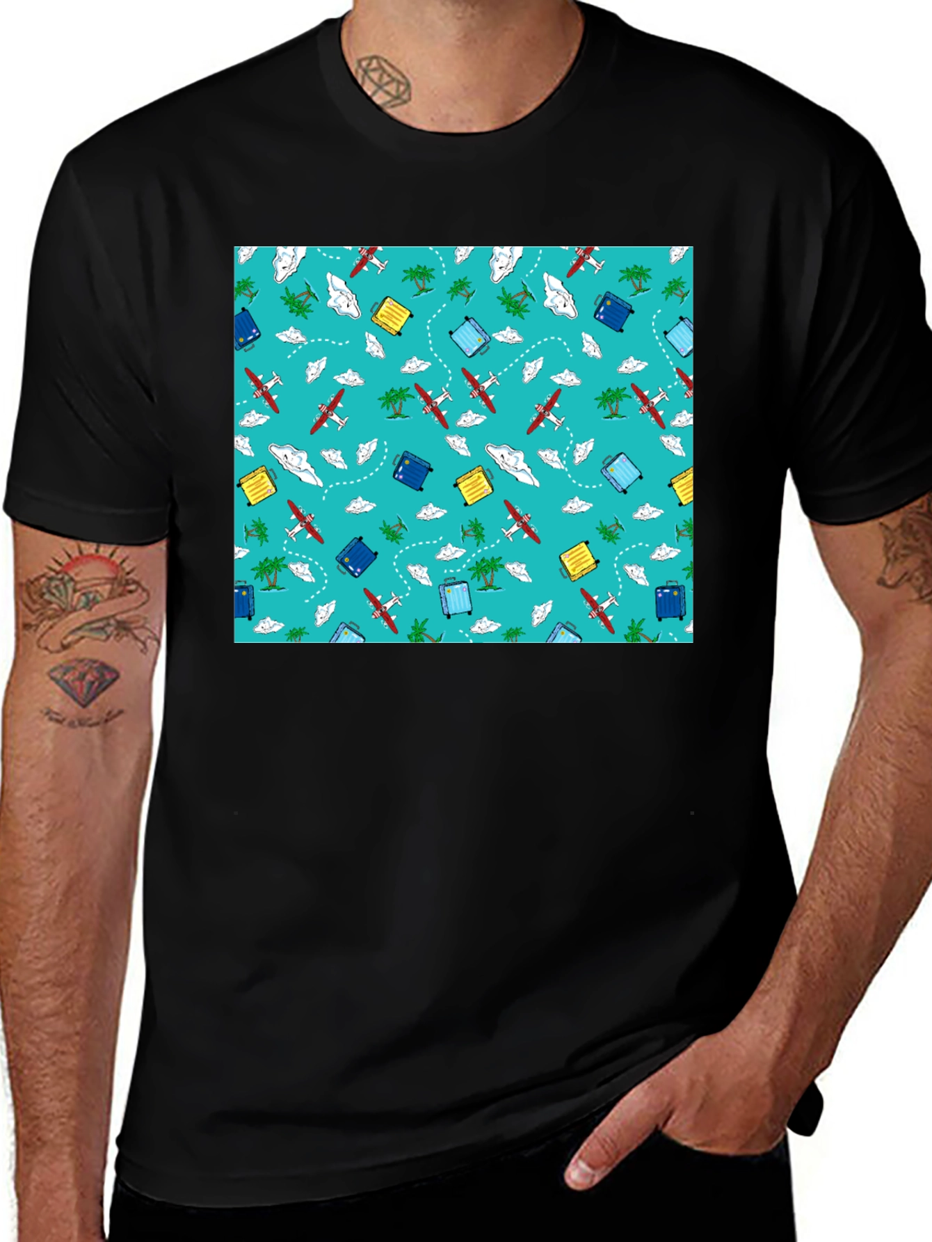 Black Travel Pattern Black T-Shirt main image