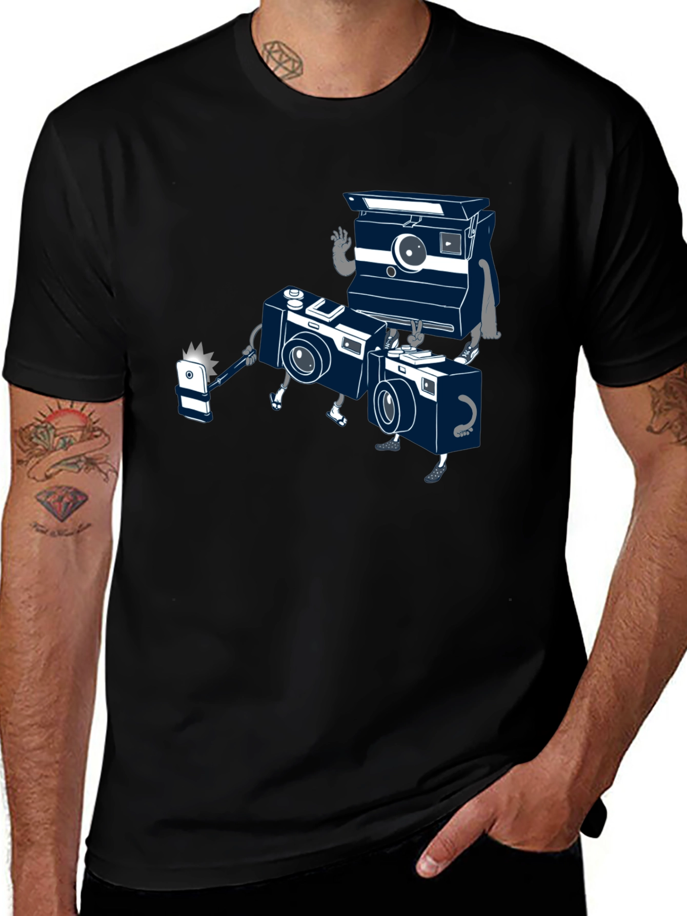 Variant 28 of Quirky Camera Crew Graphic Tee - Black Cotton Blend