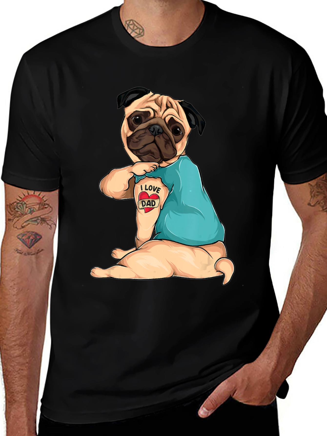Variant 7 of Pug I Love Dad Tattoo Black T-Shirt
