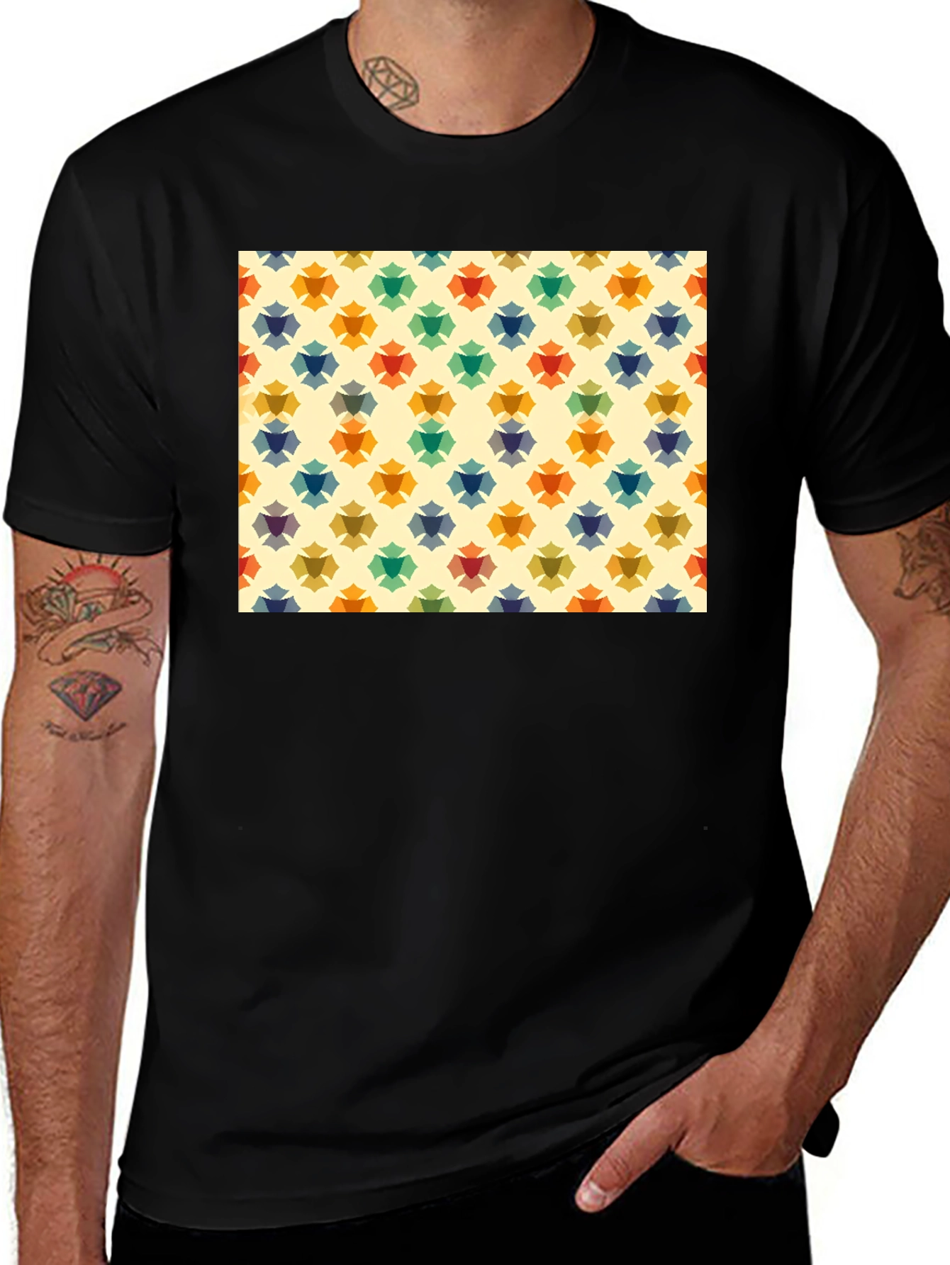 Variant 30 of Retro Floral Pattern Black T-Shirt