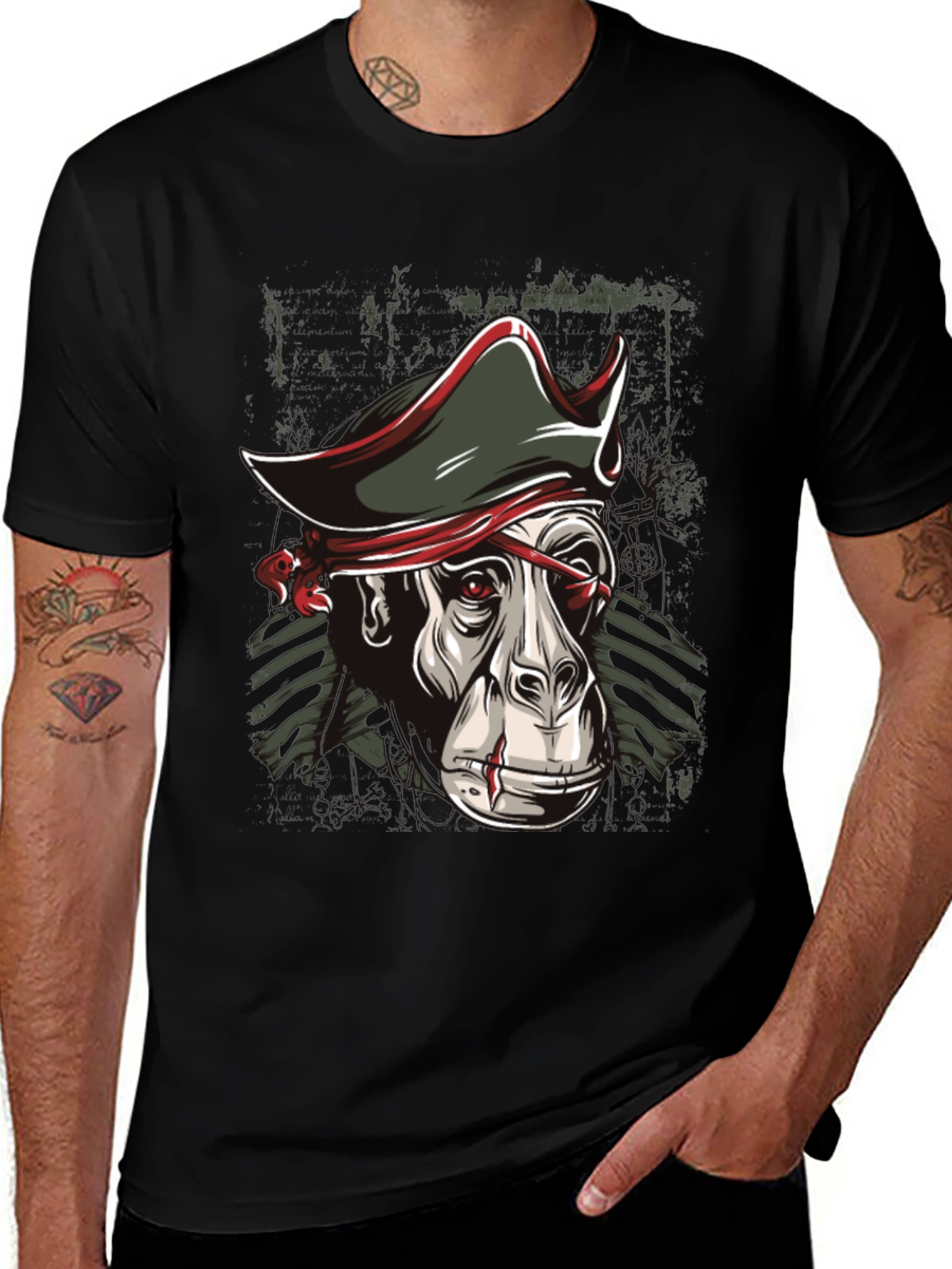 Variant 3 of Pirate Monkey Graphic T-Shirt - Black Cotton Tee