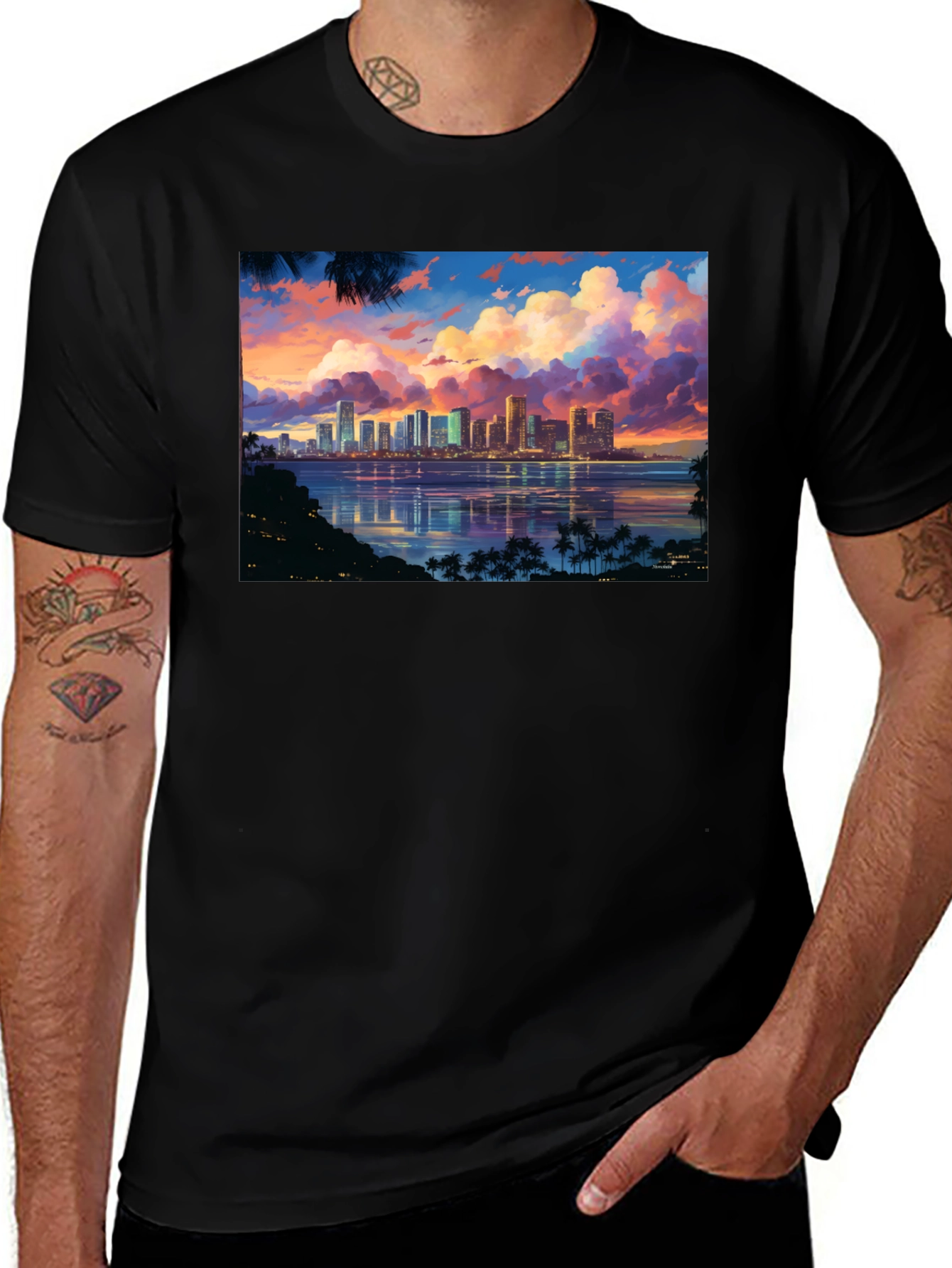 Variant 10 of Cityscape Sunset Graphic T-Shirt - Black